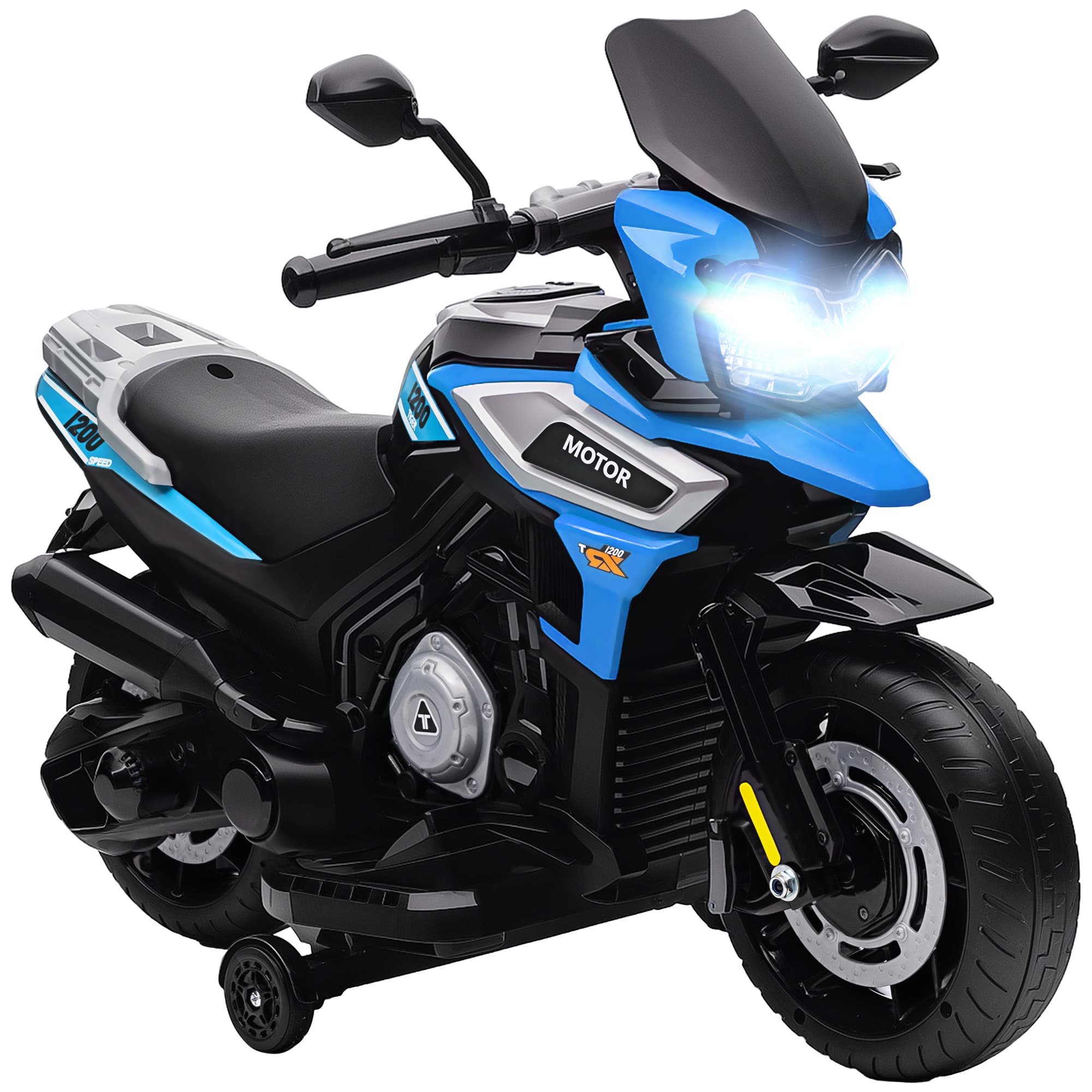 AIYAPLAY Moto électrique enfants 6 V, voiture électrique enfants avec roues d'entraînement, musique, effets lumineux, bleu
