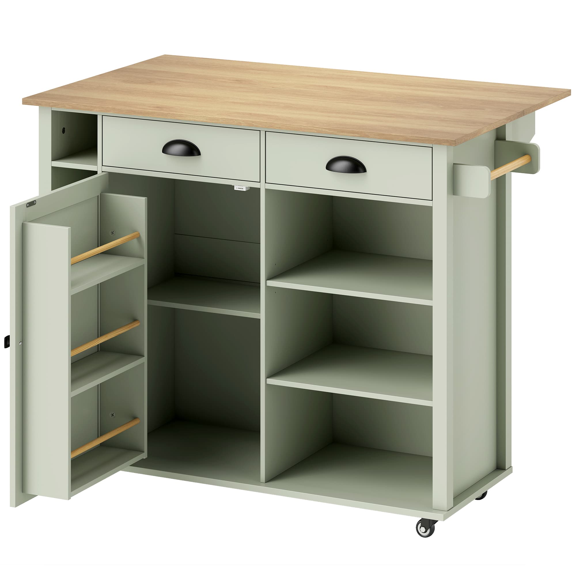HOMCOM Îlot central cuisine avec plateau pliant, desserte de cuisine sur roulettes avec 2 tiroirs, porte-serviettes, vert