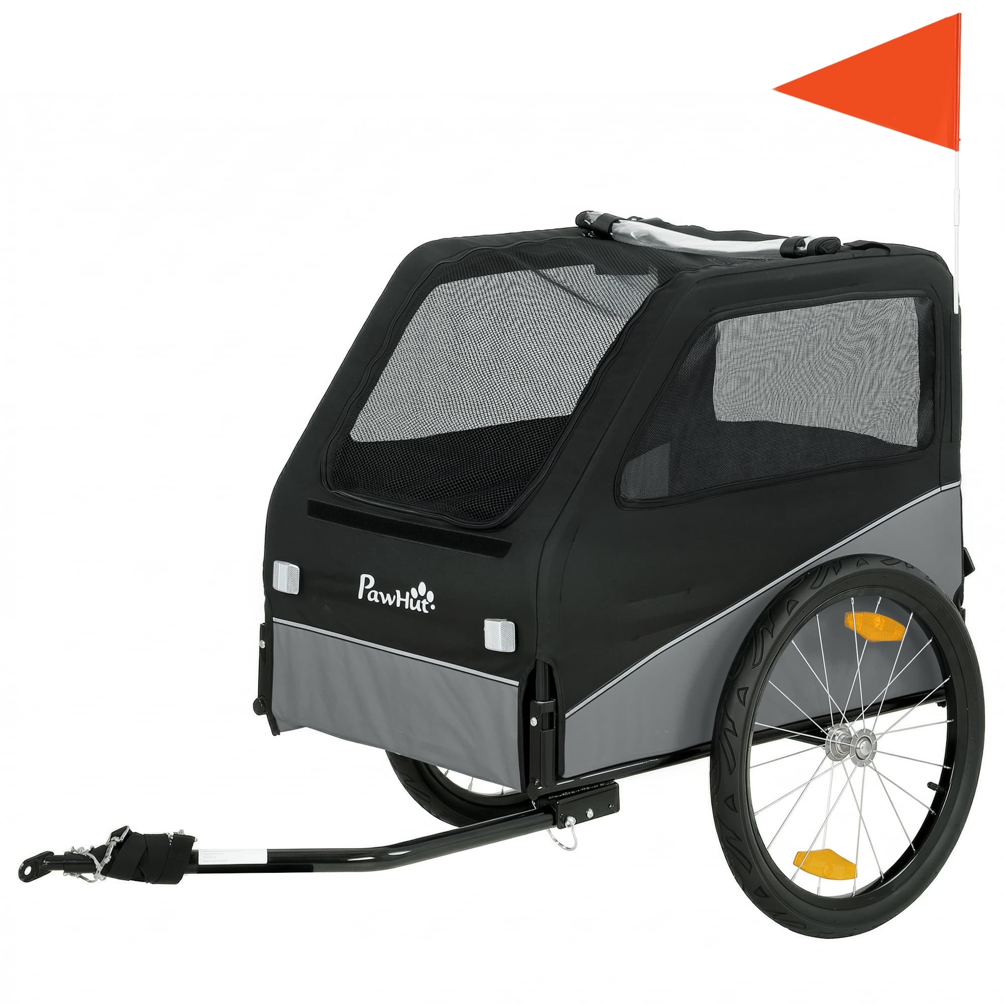 PawHut Remorque Vélo Chien avec Pneus 20", Attache Universelle, Réflecteurs, Drapeau, Laisse, 139x72x88cm, Gris et Noir
