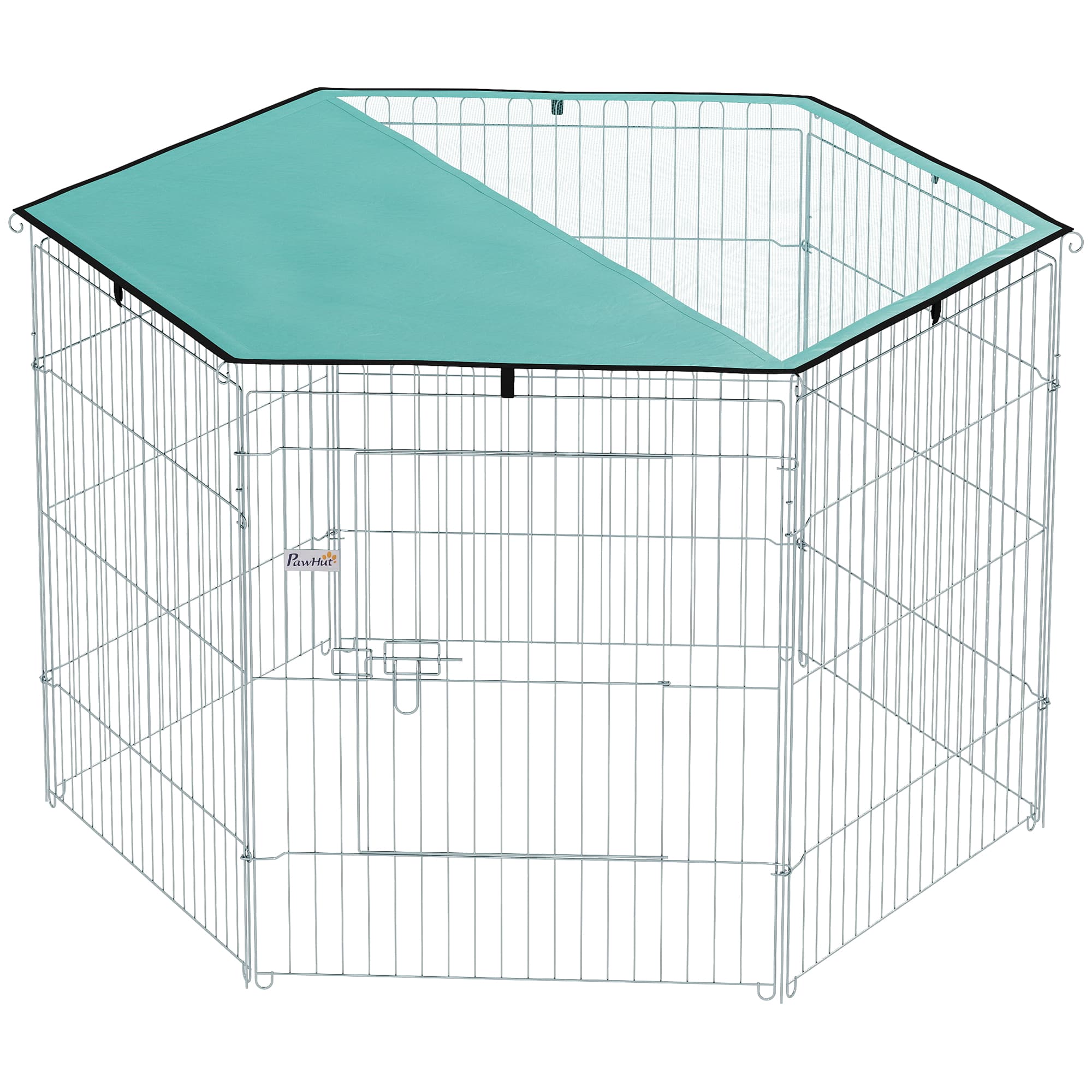 PawHut Parc pour chien, enclos chien 6 panneaux avec toit, modulable et pliable, enclos portable 76H cm avec porte argent vert