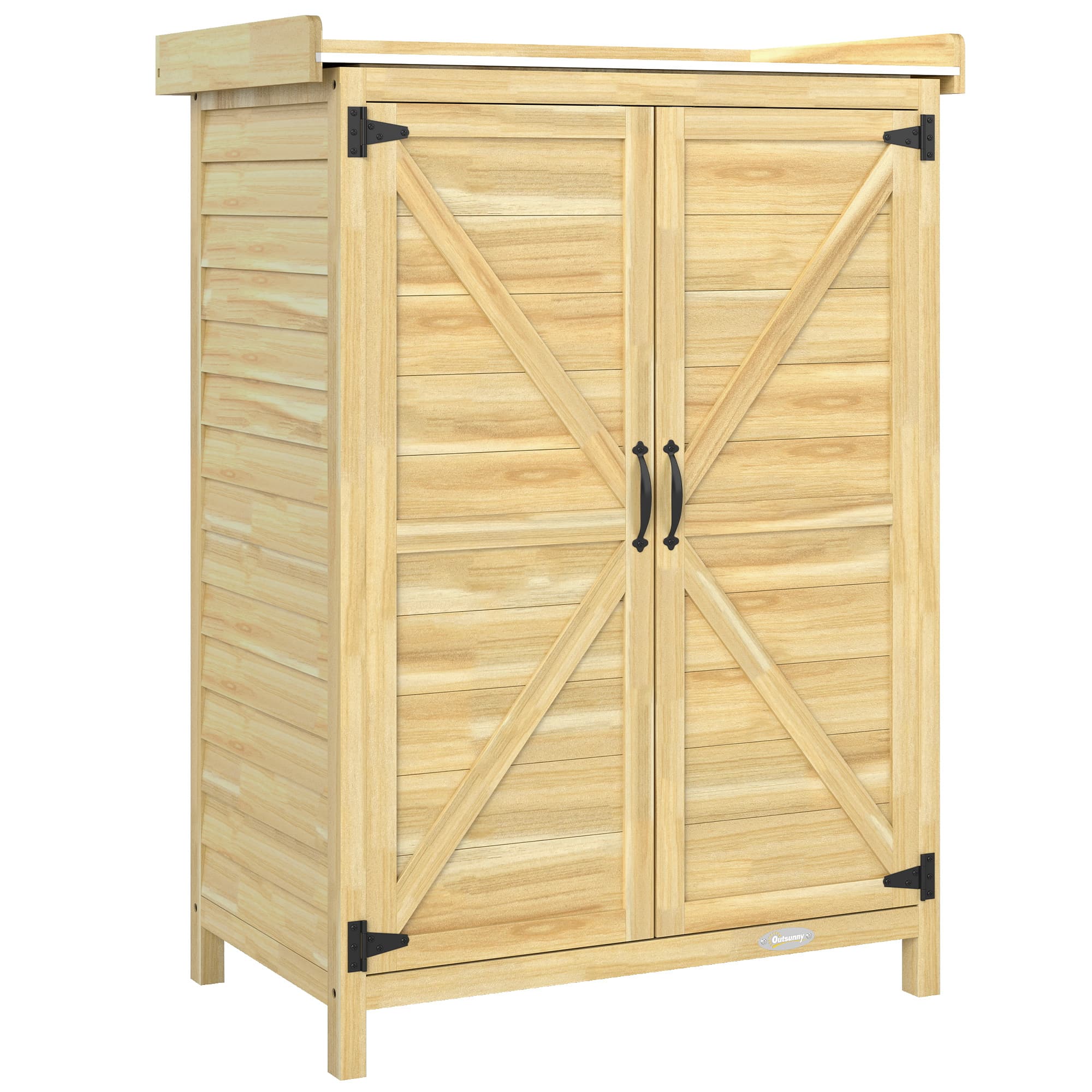Outsunny Armoire de jardin, armoire extérieure de rangement en bois, plan de travail en métal galvanisé, 71,5x39x95cm, naturel