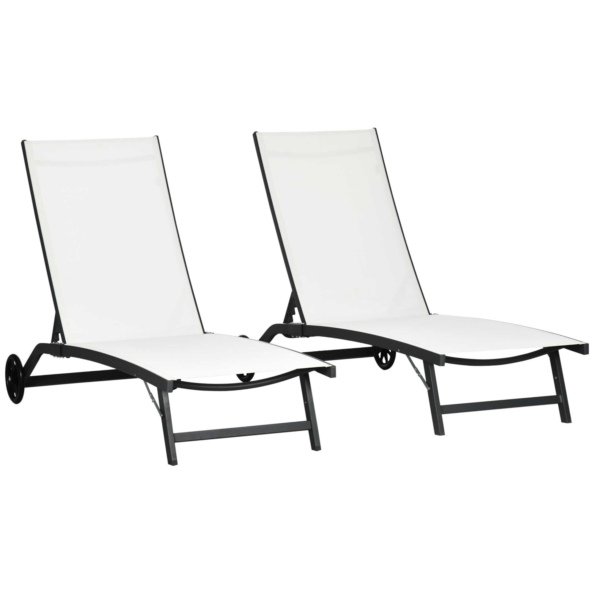 Outsunny Lot de 2 bains de soleil en aluminium et textilène avec roulettes dossier inclinable charge max. 150 Kg crème