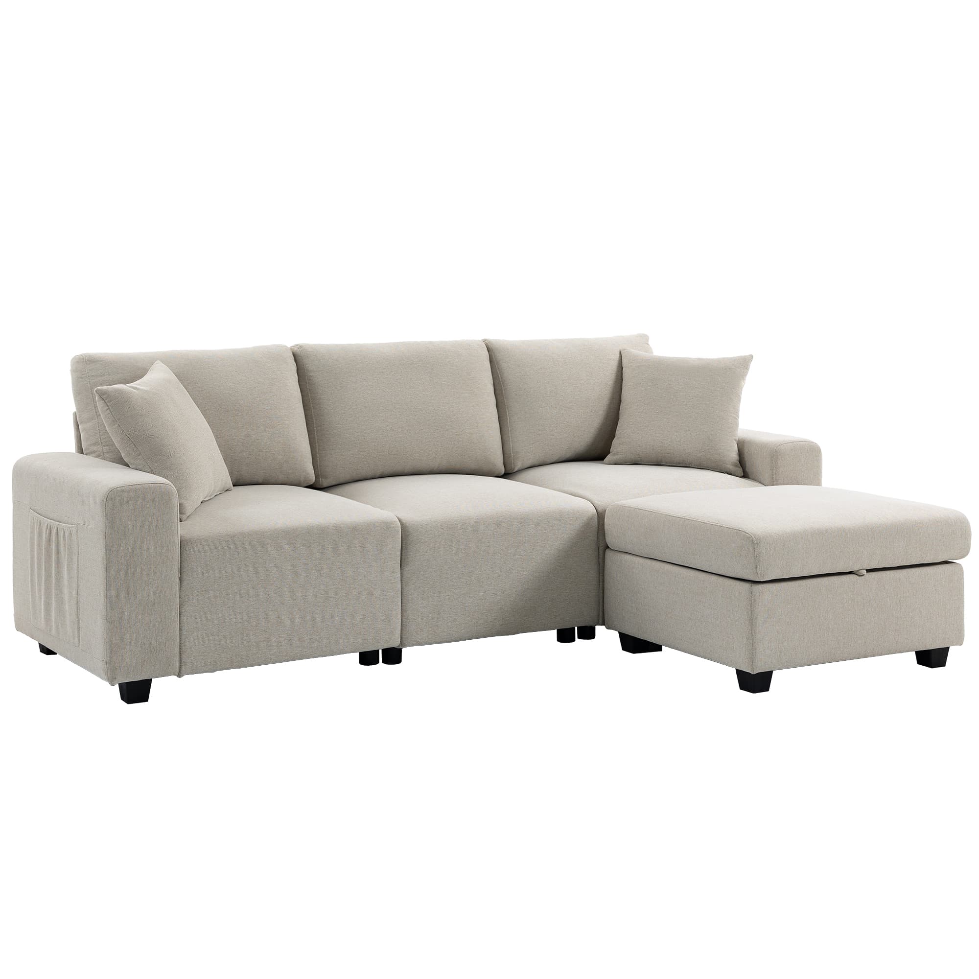 HOMCOM Canapé d'angle 3 places en tissu effet lin avec pouf de rangement amovible, 2 coussins, Beige