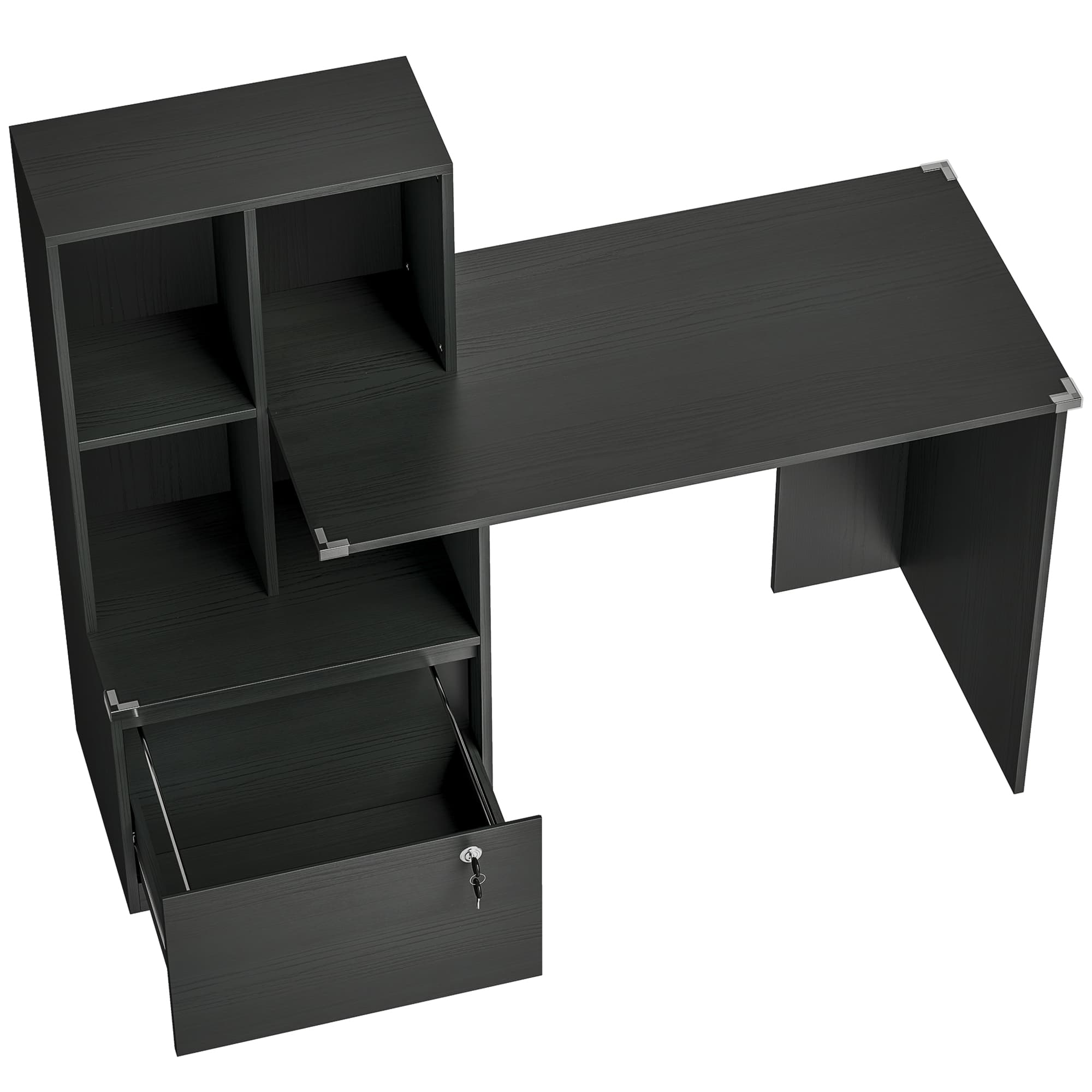 HOMCOM Bureau d'ordinateur avec bibliothèque 4 compartiments et tiroir verrouillable, 126 x 50 x 109 cm, noir
