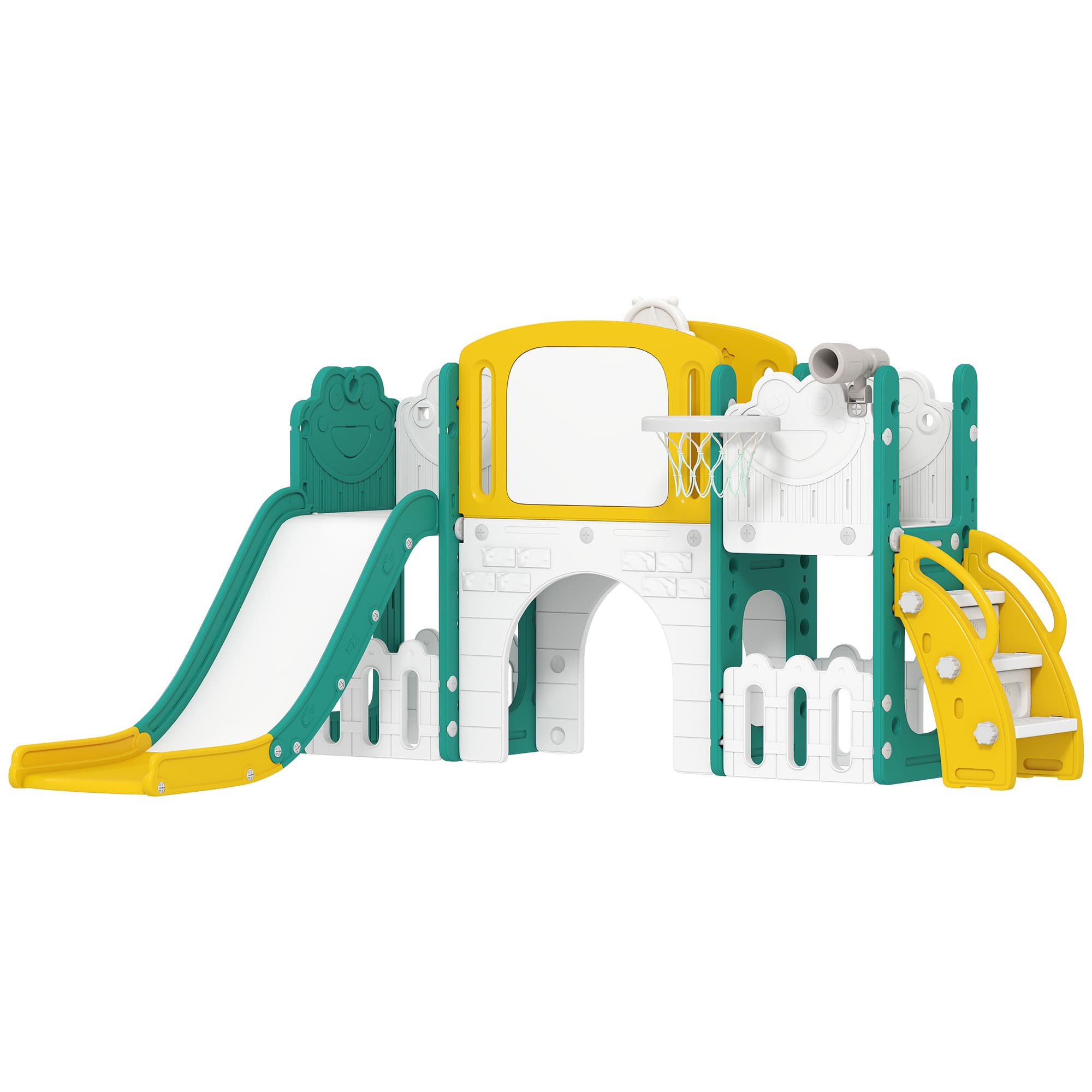 AIYAPLAY Toboggan pour enfant 7 en 1 avec panier de basket, télescope, rangement, tunnel, escalade, tableau de dessin, jaune
