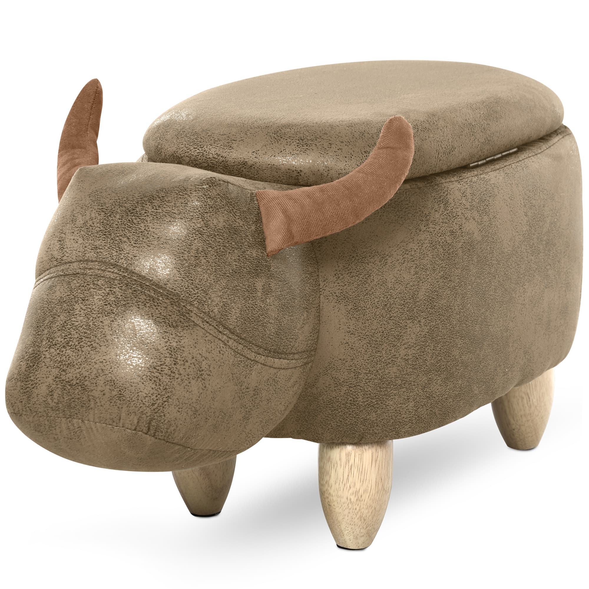 HOMCOM Tabouret de rangement buffle animaux repose-pieds mignon amusant pour enfant bois d'hévéa tissu avec tapis antidérapant marron
