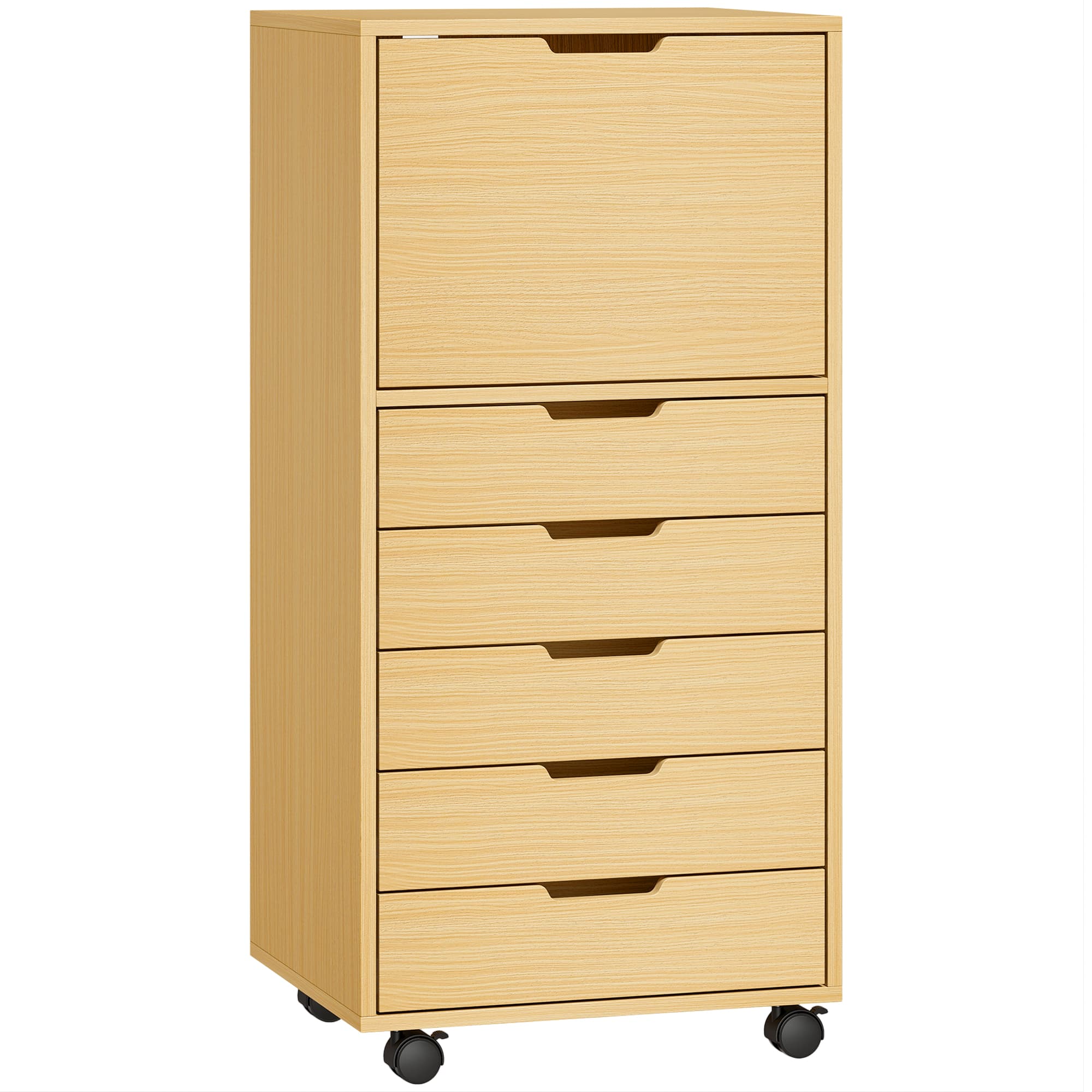 HOMCOM Caisson de bureau avec 5 tiroirs, roulettes et armoire avec fermeture douce Support pour imprimante Naturel