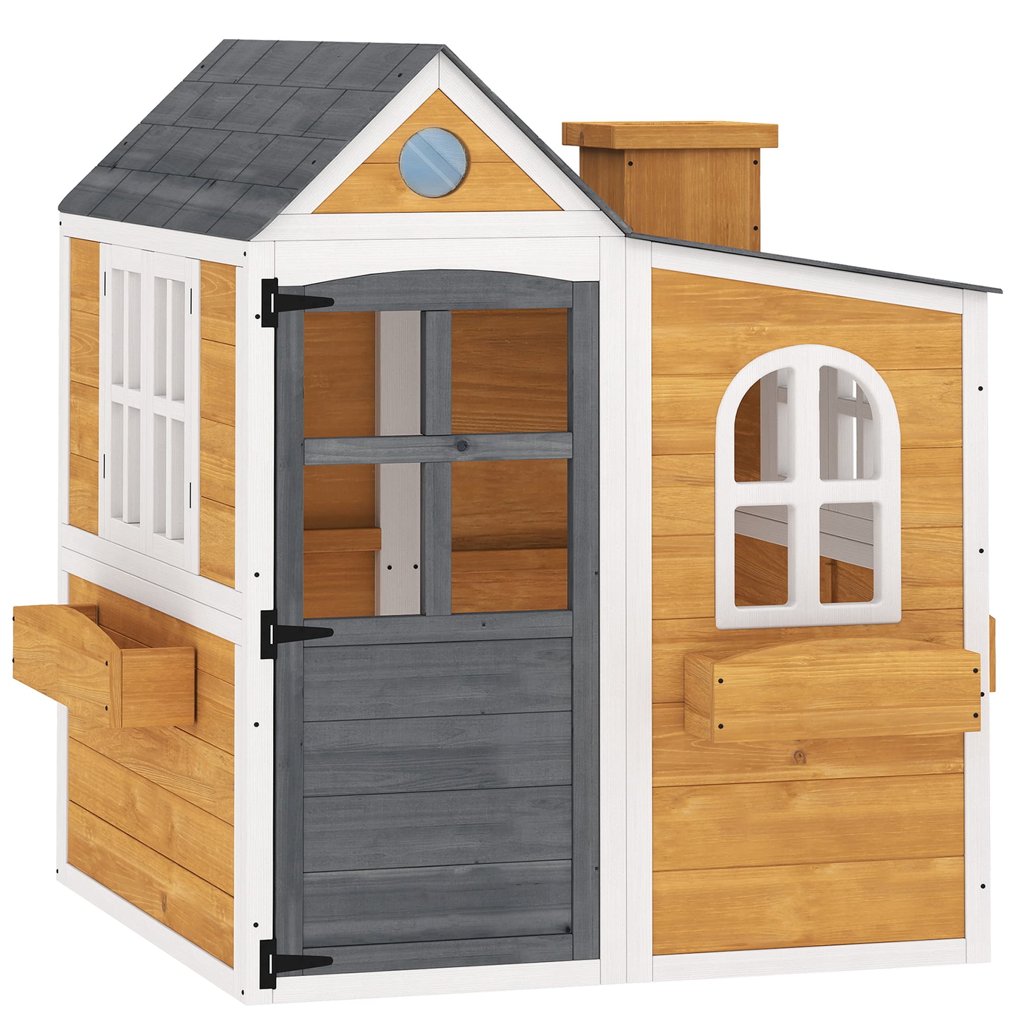 AIYAPLAY Cabane enfant extérieur en bois, maison enfant extérieure/intérieure avec porte, fenêtres, 3 bacs à fleurs, jaune