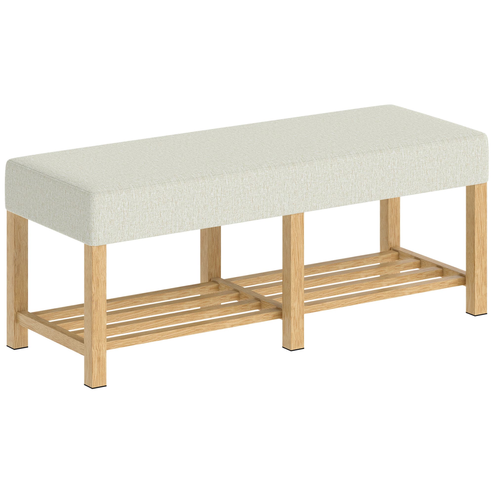 HOMCOM Banc à chaussures, banc de rangement avec siège rembourré, étagère ouverte, bois d'hévéa, 120x44x48cm, bois naturel