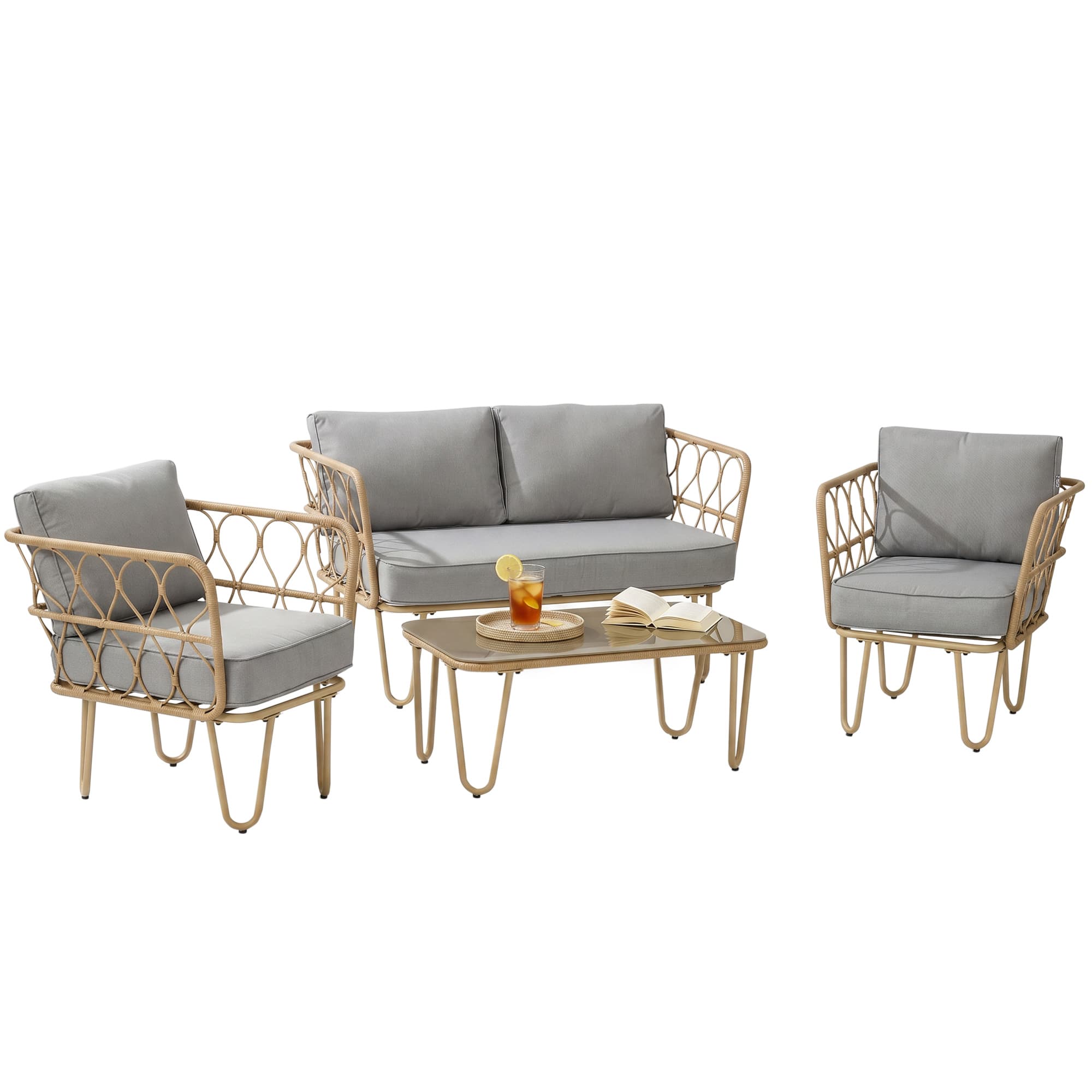 Outsunny Ensemble salon de jardin canapé 2 places + 2 fauteuils + 1 table basse plateau verre trempé 7 coussins beige