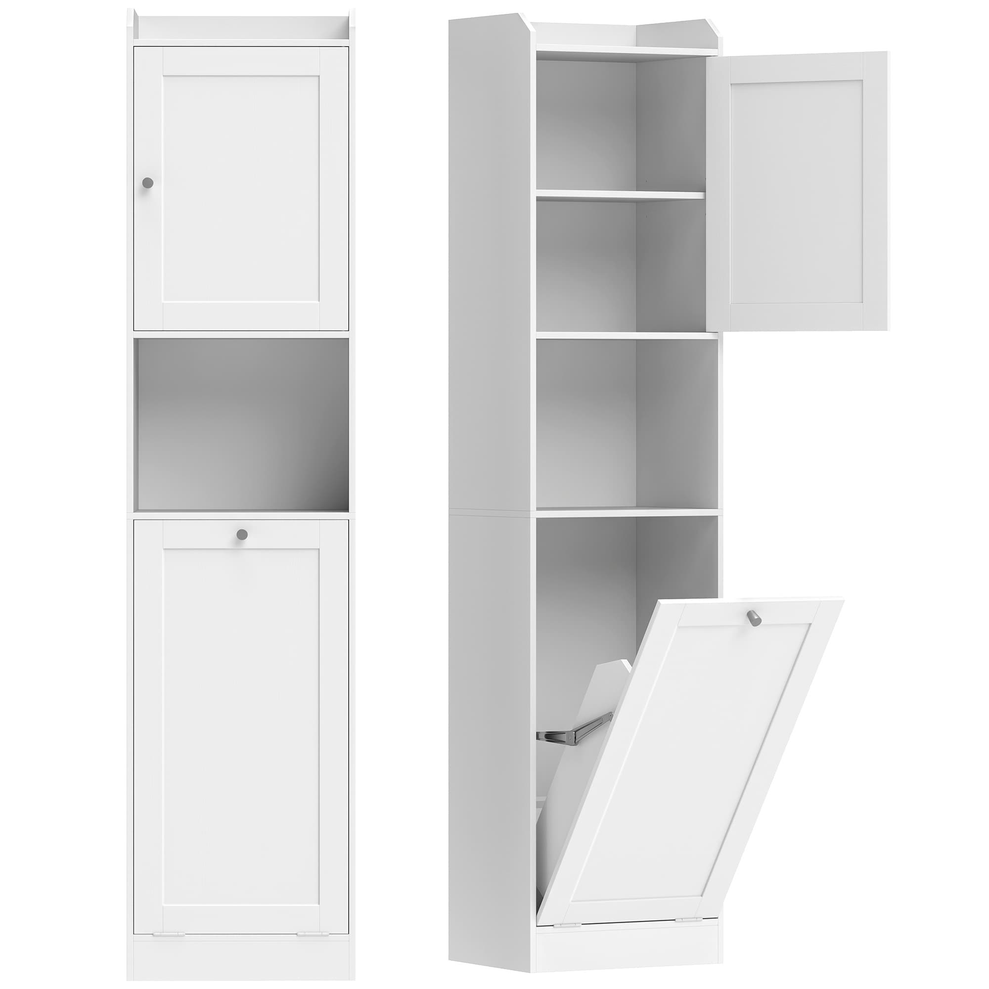 HOMCOM Armoire Haute de Salle de Bains avec Panier à Linge, Compartiments Ouverts et Étagères Réglables 40x30x170 cm Blanc