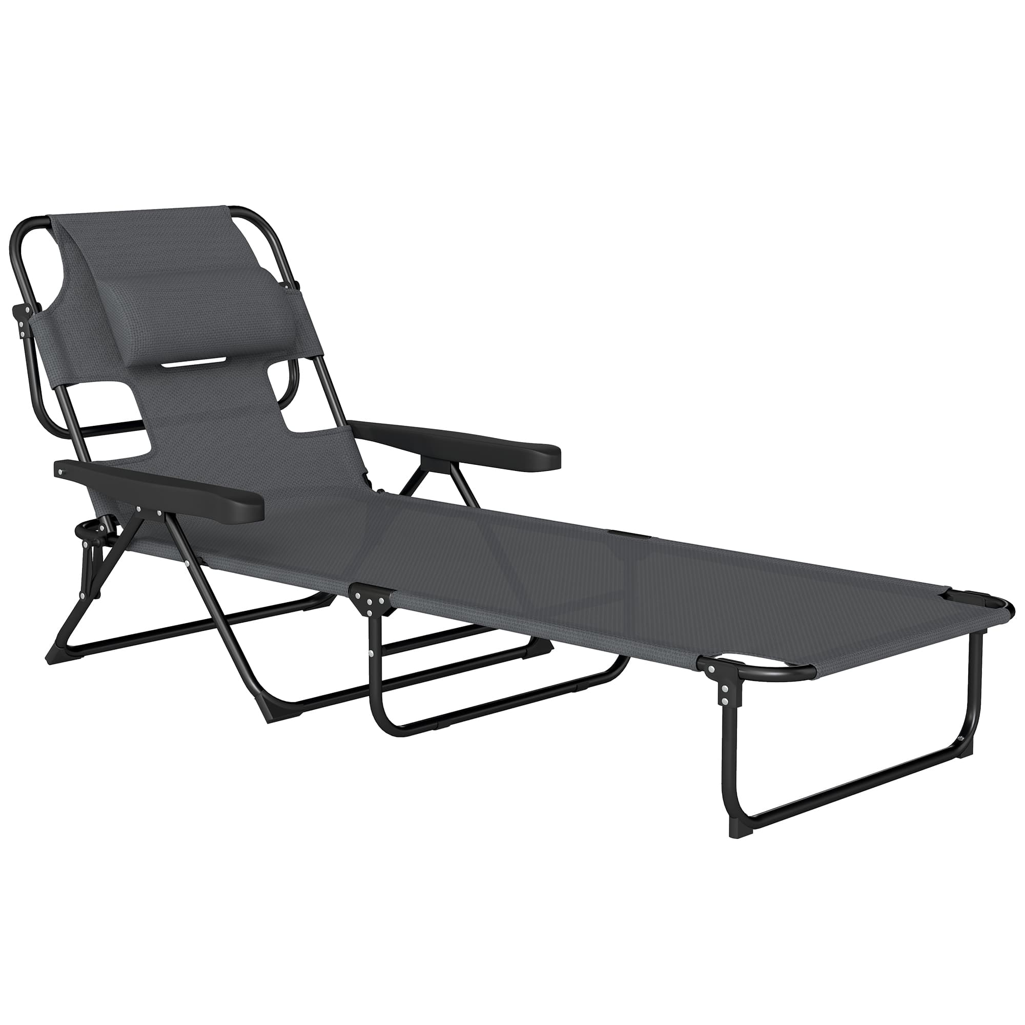 Outsunny Chaise longue de jardin pliante dossier réglable sur 4 niveaux, trou de lecture et appui-tête 72L x 194l x 89H cm Gris
