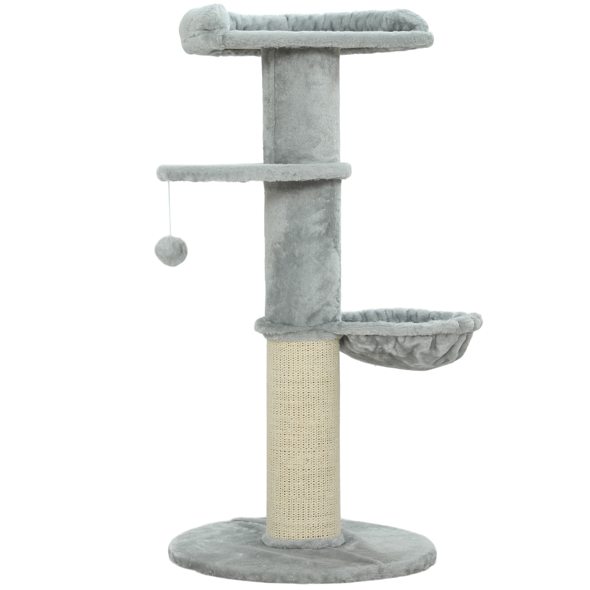 PawHut Arbre à chat tonneau à gratter pour chats griffoir en sisal, hamac, plateforme, balle jouet, Ø 48 x 103,5 cm, gris clair