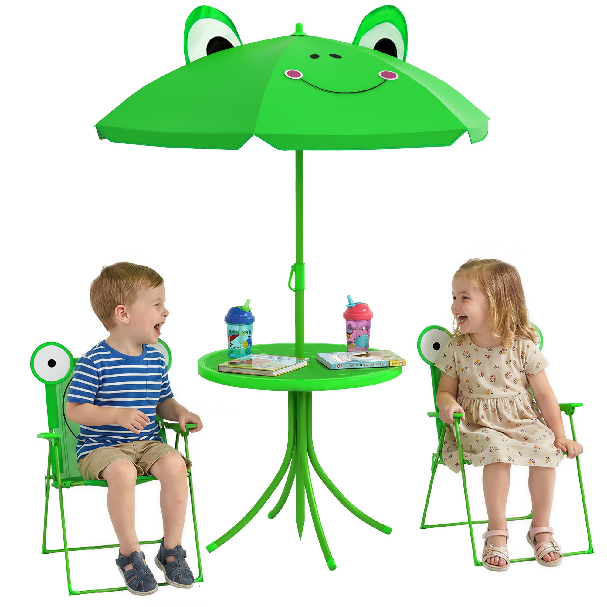 Outsunny Ensemble salon de jardin pour enfants 2 chaises pliables 1 table 1 parasol hauteur réglable Ø 50 x 46 cm vert