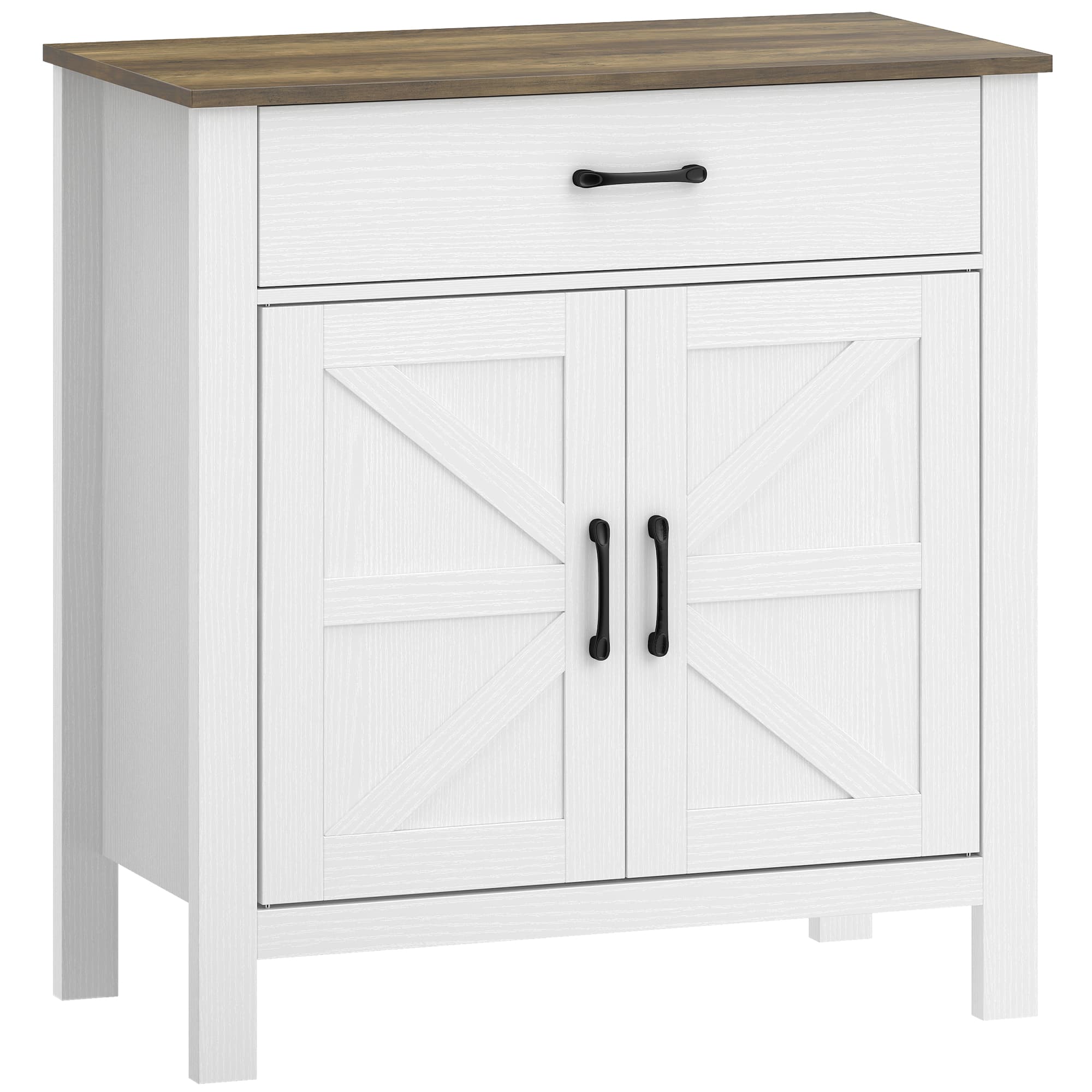 HOMCOM Buffet salon, meuble de rangement avec 2 portes de grange, tiroir et étagère réglable, 77x39,3x81,5cm, blanc et marron