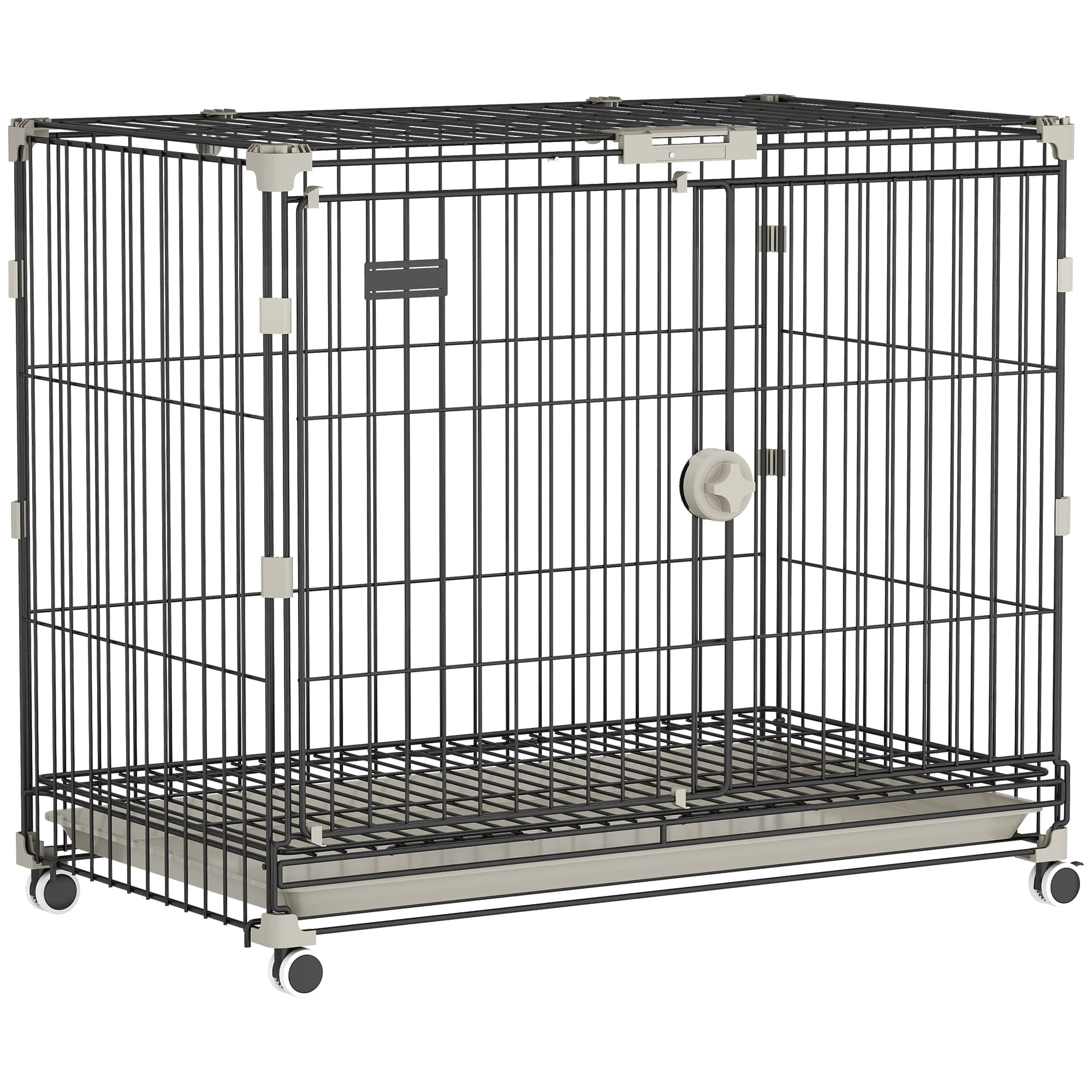 PawHut Cage pour Chien Pliable, Plateau Amovible, Roues avec Freins, Toit Ouvrant, Porte de Nourrissage, 75,5x46x64,5cm, Noir