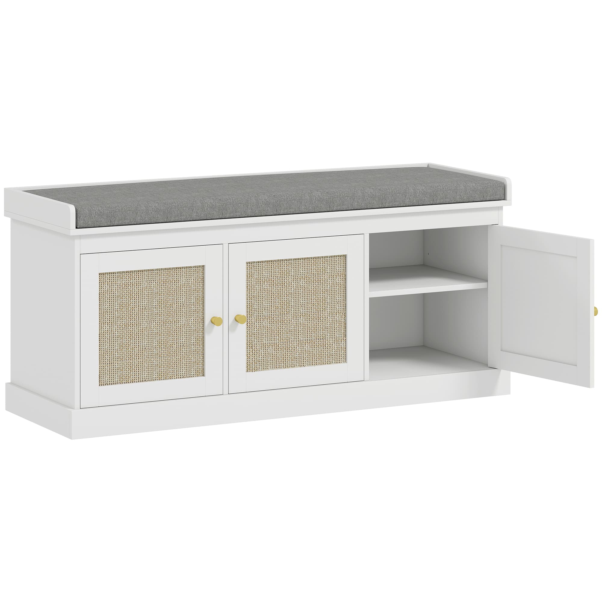 HOMCOM Banc chaussures entrée 9 paires, banc de rangement, 3 portes en rotin, coussin et étagère réglable, 105x35x47cm, blanc