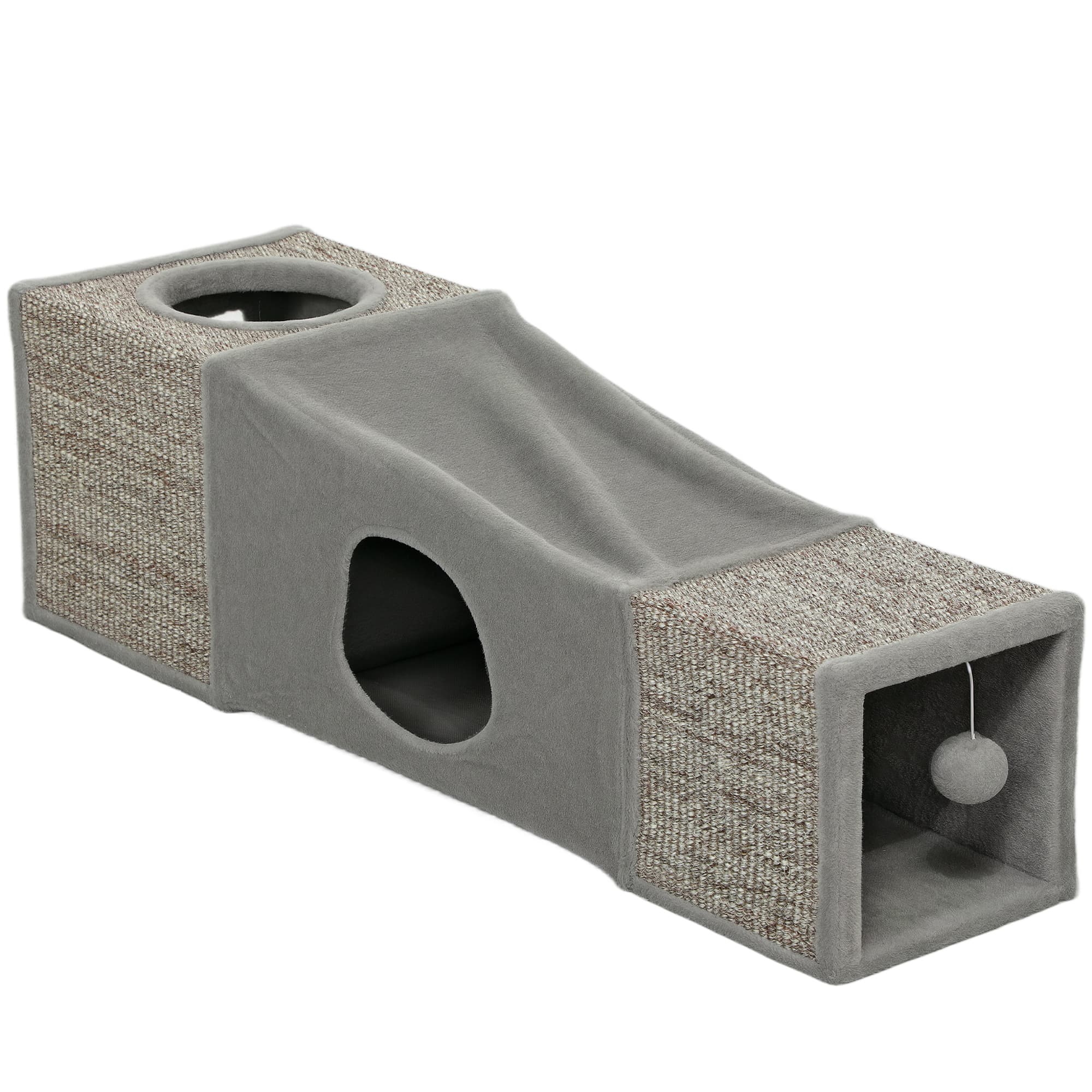 PawHut Tunnel pour chat intérieur jouets pour chats avec balle suspendue entrées multiples en sisal 98 x 30 x 30 cm gris