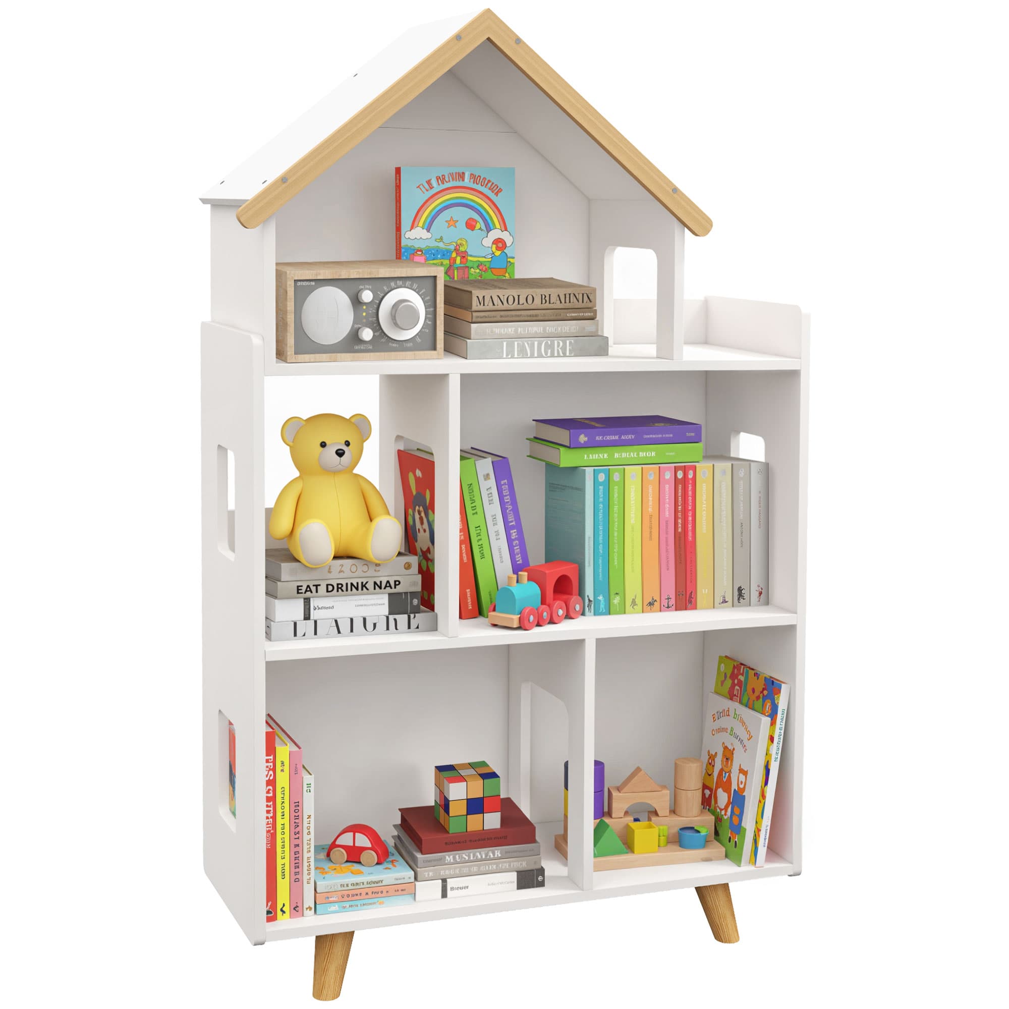 ZONEKIZ Étagère de rangement pour jouet enfant et livres forme de maison 3 niveaux 65 x 25 x 108,5 cm blanc et naturel