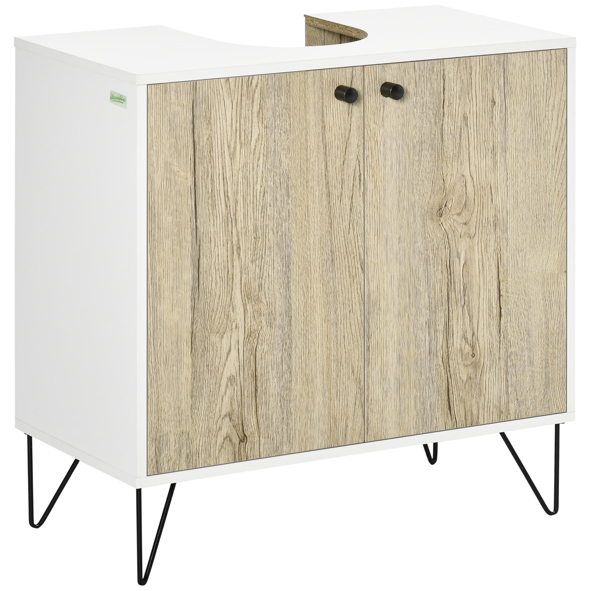 kleankin Meuble sous lavabo, meuble de salle de bain avec 2 portes, pieds en acier, 60 x 30 x 60 cm, blanc et bois naturel