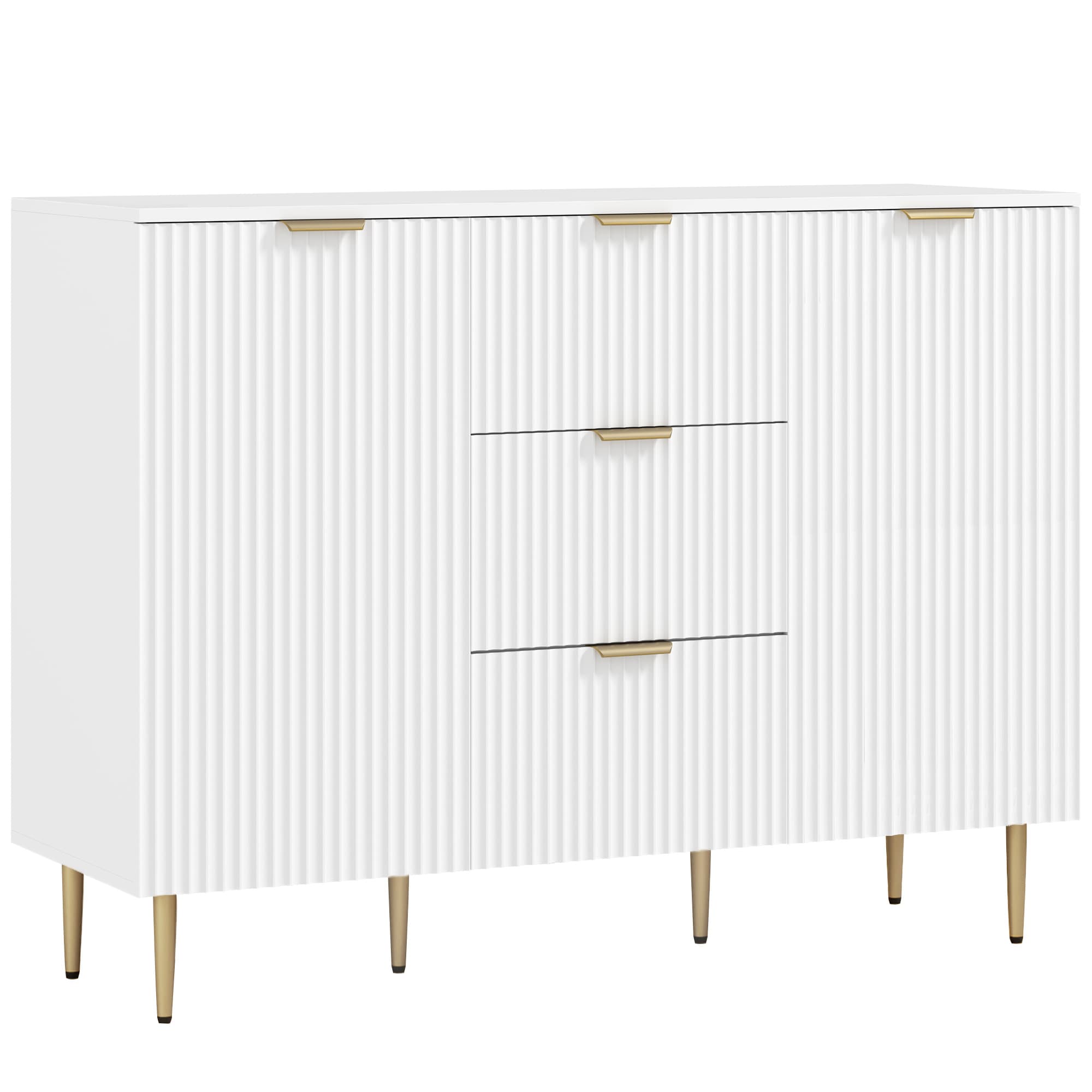HOMCOM Buffet meuble cuisine rangement avec 3 tiroirs, étagères réglables, placards à portes cannelées, 120 x 40 x 90 cm, blanc