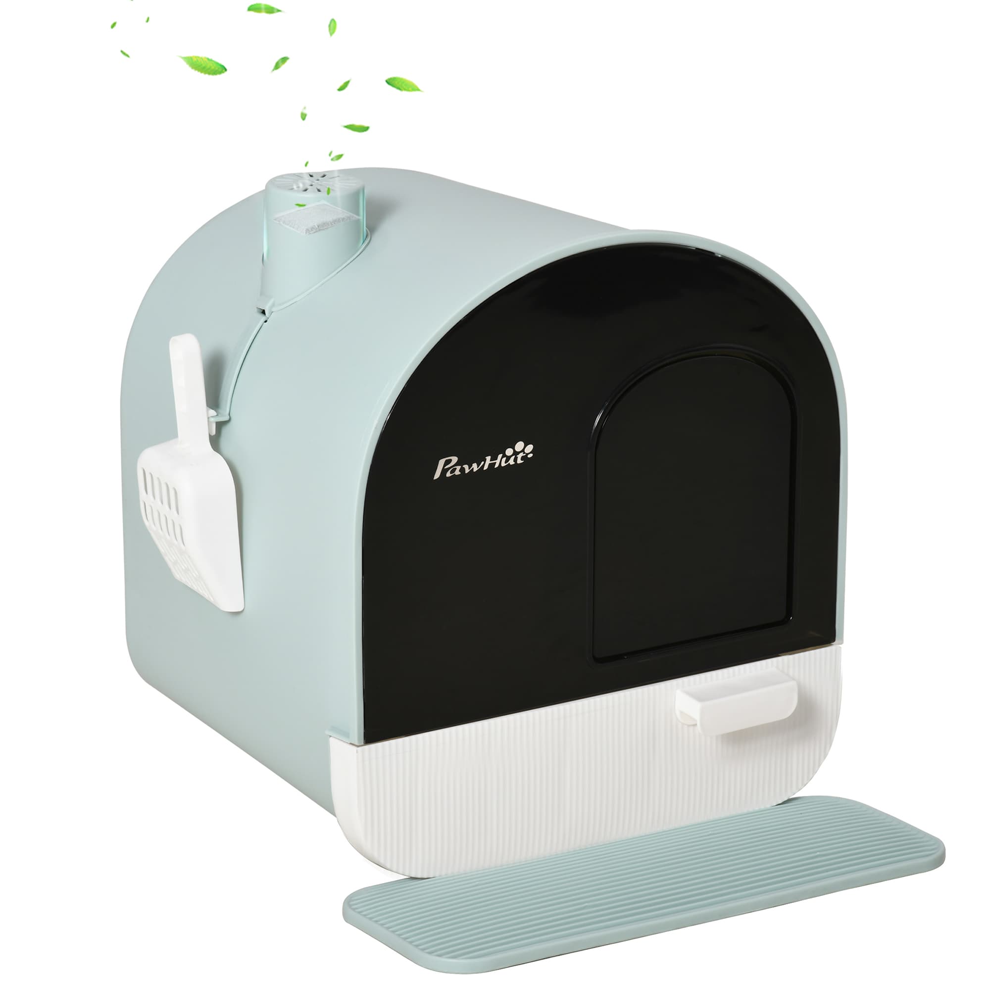 PawHut Bac à litière pour chat maison de toilette bac à litière pour chat avec porte battante, pelle et filtre inclus dim. 43L x 44l x 47H cm - Vert
