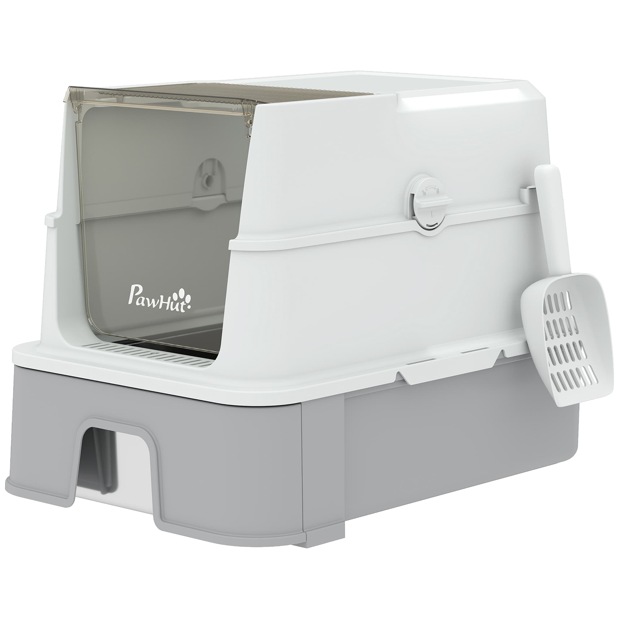 PawHut Litière en acier inoxydable avec couvercle, bac à litière XL avec pelle, bac extractible, parois hautes, facile à nettoyer, gris