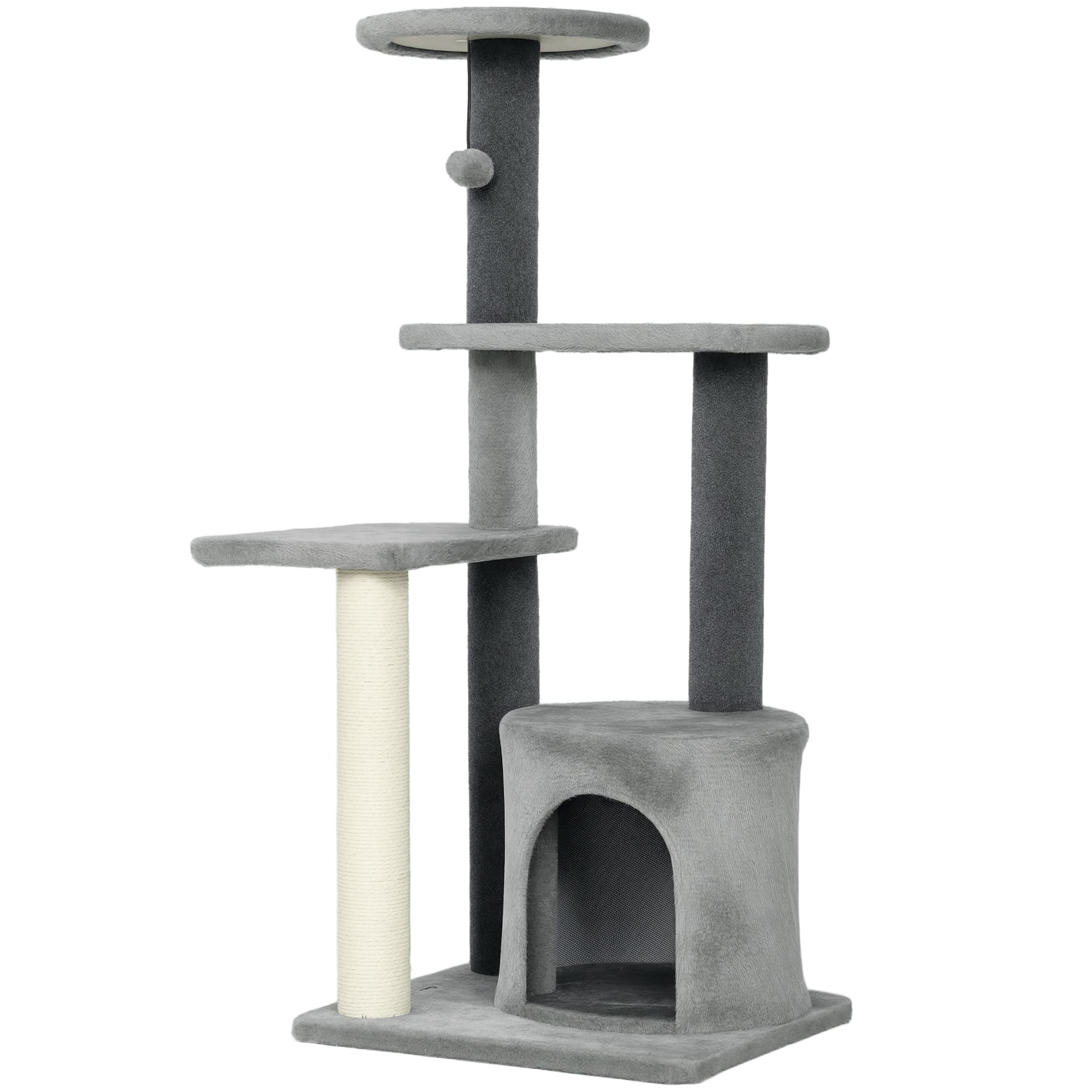 PawHut Arbre à Chat Hauteur 103 cm, Platesformes, Niche en Peluche, Balle en Peluche, Poteaux en Sisal, Base Renforcé, Gris