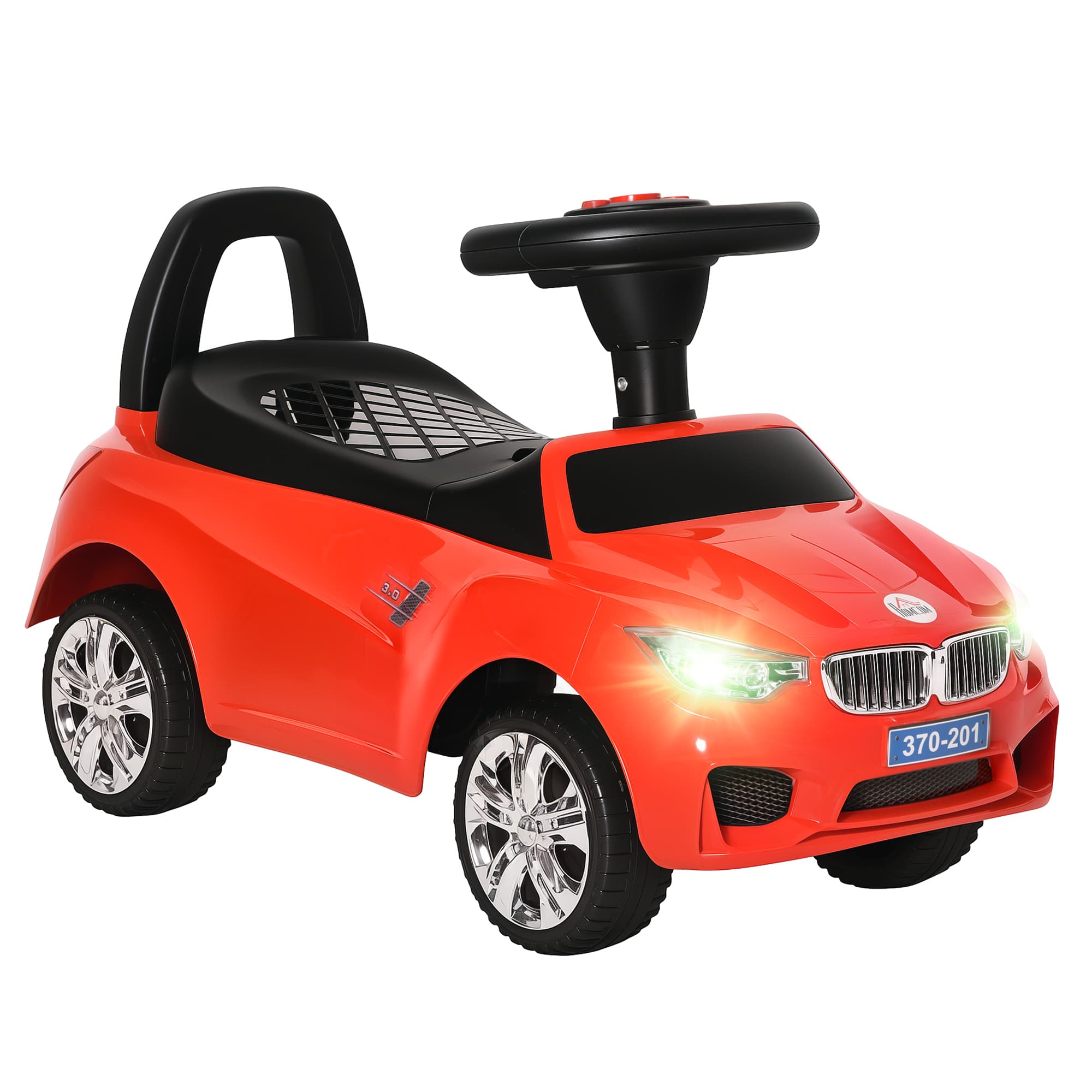 HOMCOM Porteur enfants voiture, véhicule à pousser avec coffre à jouets, klaxon, phares et musique, 63,5 x 28 x 36 cm, rouge