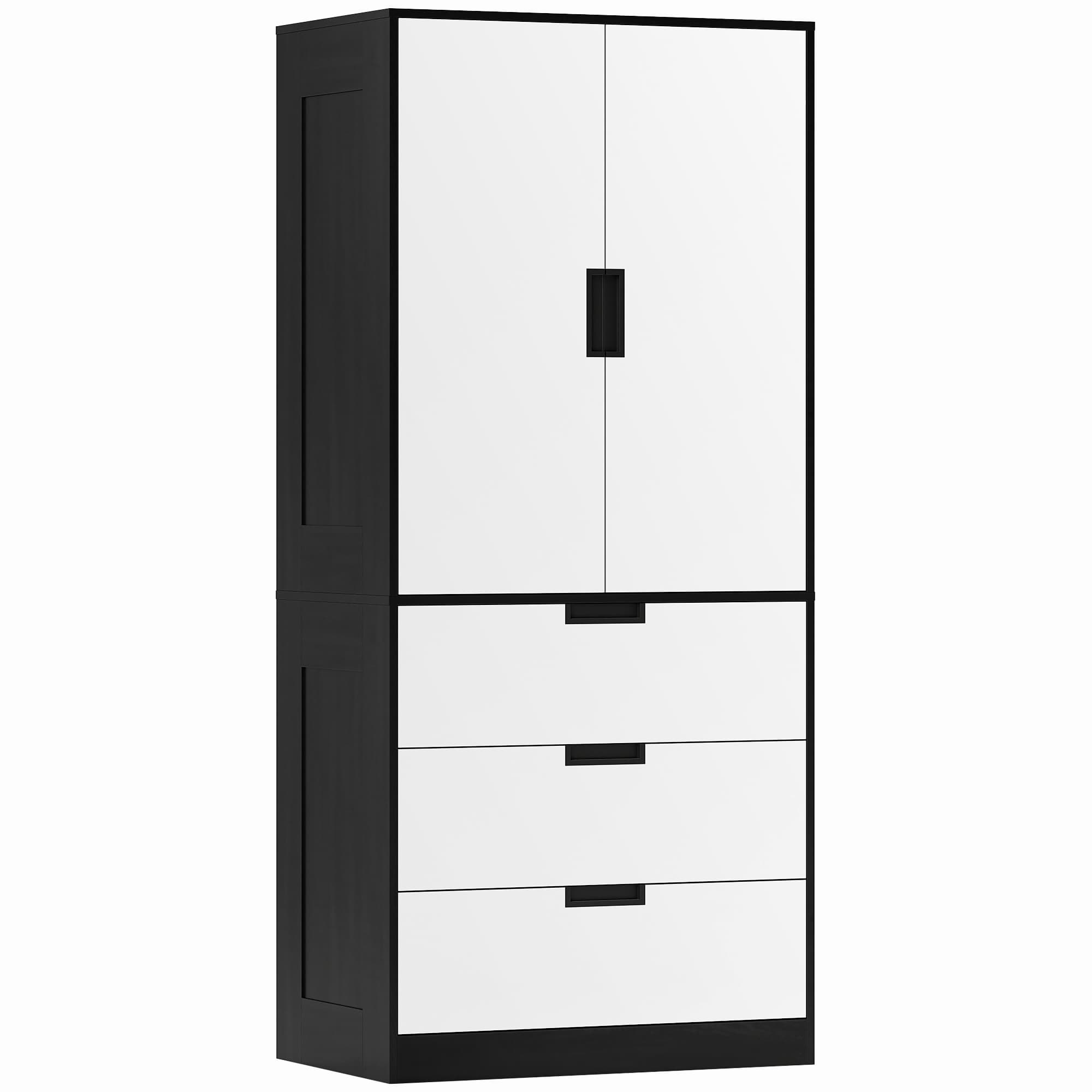 HOMCOM Armoire 2 portes avec 3 tiroirs, armoire moderne avec tringle, pour chambre, Noir Blanc