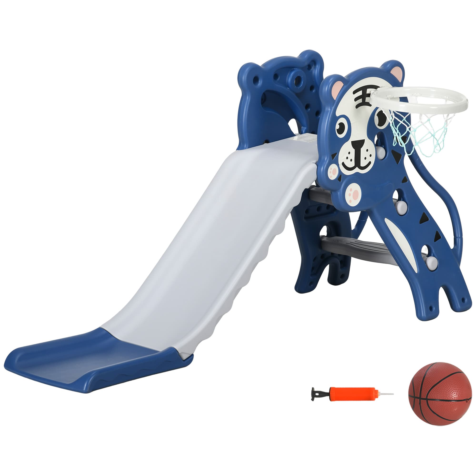 AIYAPLAY Toboggan pour enfants, toboggan intérieur pour enfants, avec panier de basket, thème tigre, de 18 à 36 mois, bleu