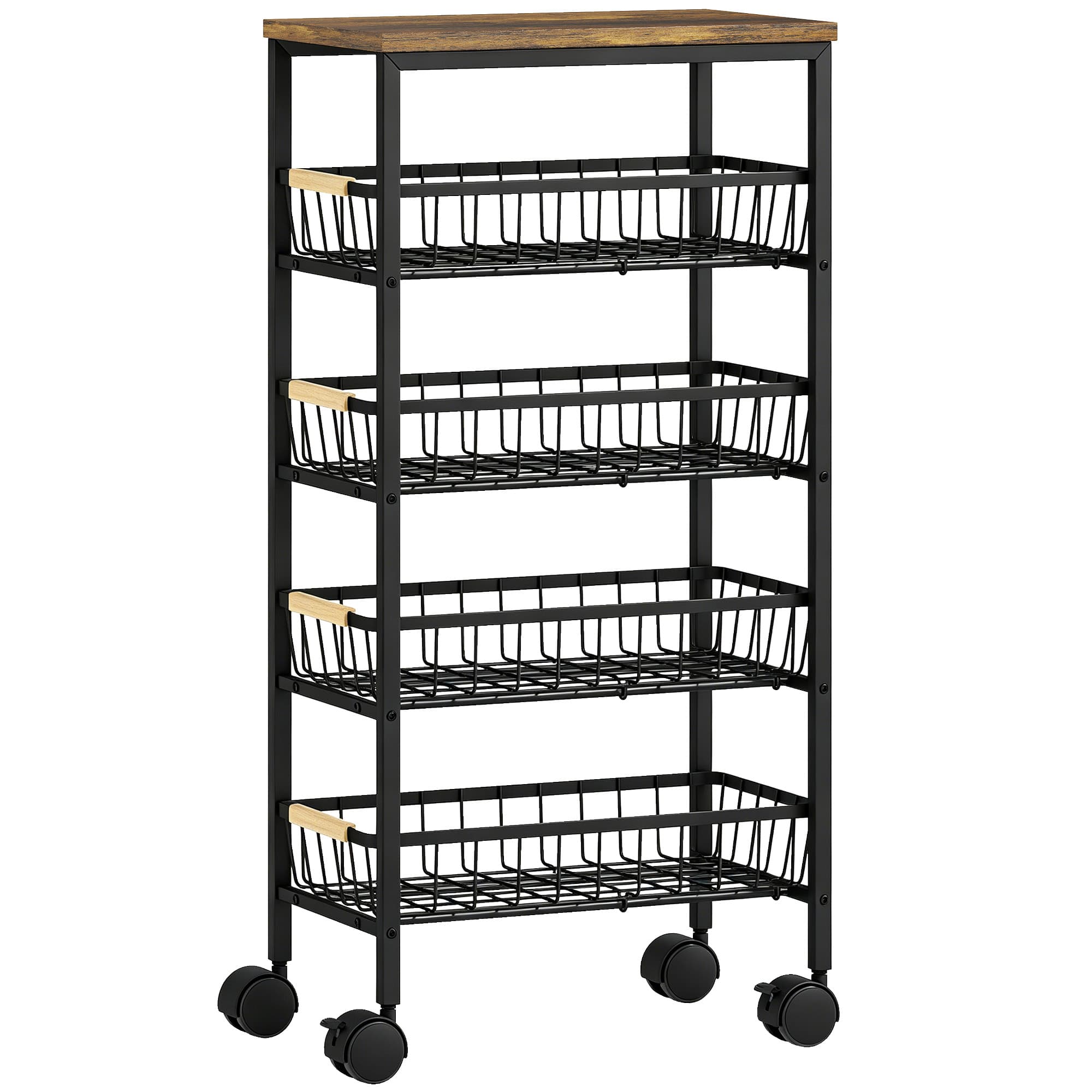 HOMCOM Chariot d'appoint sur roulettes 4 paniers amovibles charge 15 kg cadre métallique pour salle à manger 40x24x81,5 cm Brun rustique