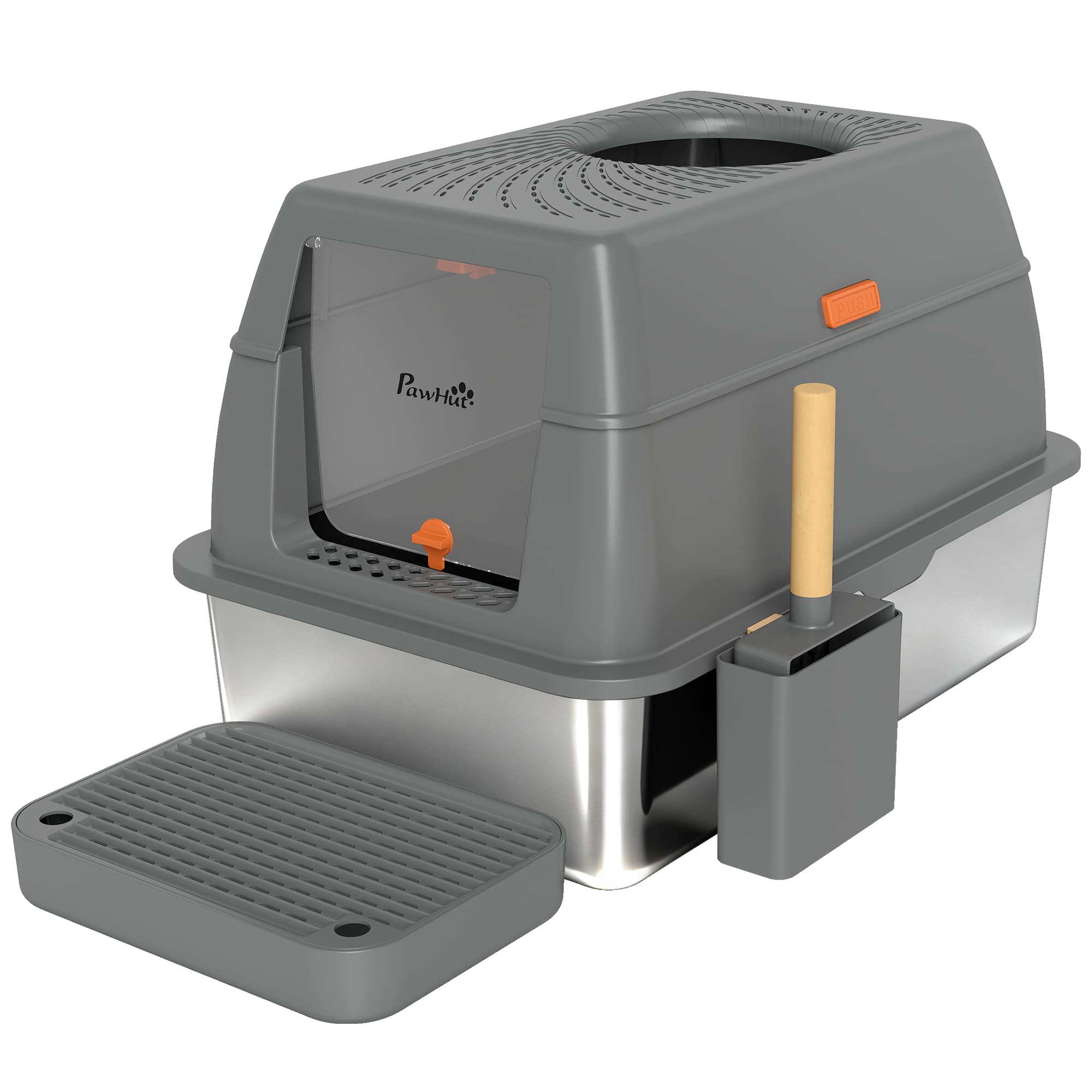 PawHut Bac à litière fermé maison de toilette pour chat acier inoxydable couvercle marche anti-dispersion 60x40x38cm gris foncé