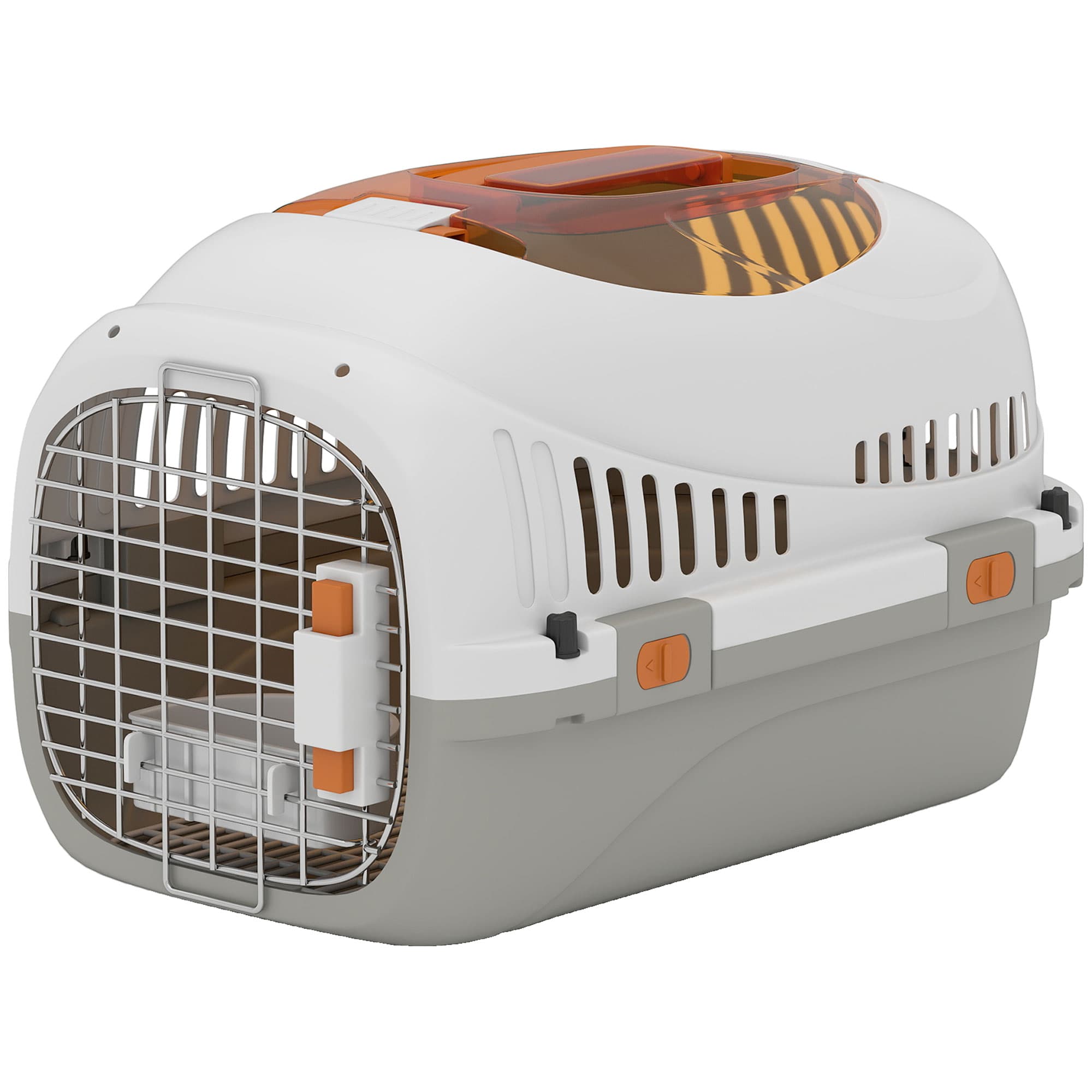 PawHut Caisse de transport chat et chien, cage de transport avec porte acier, bol de nourriture, 49 x 32 x 31 cm, gris et crème