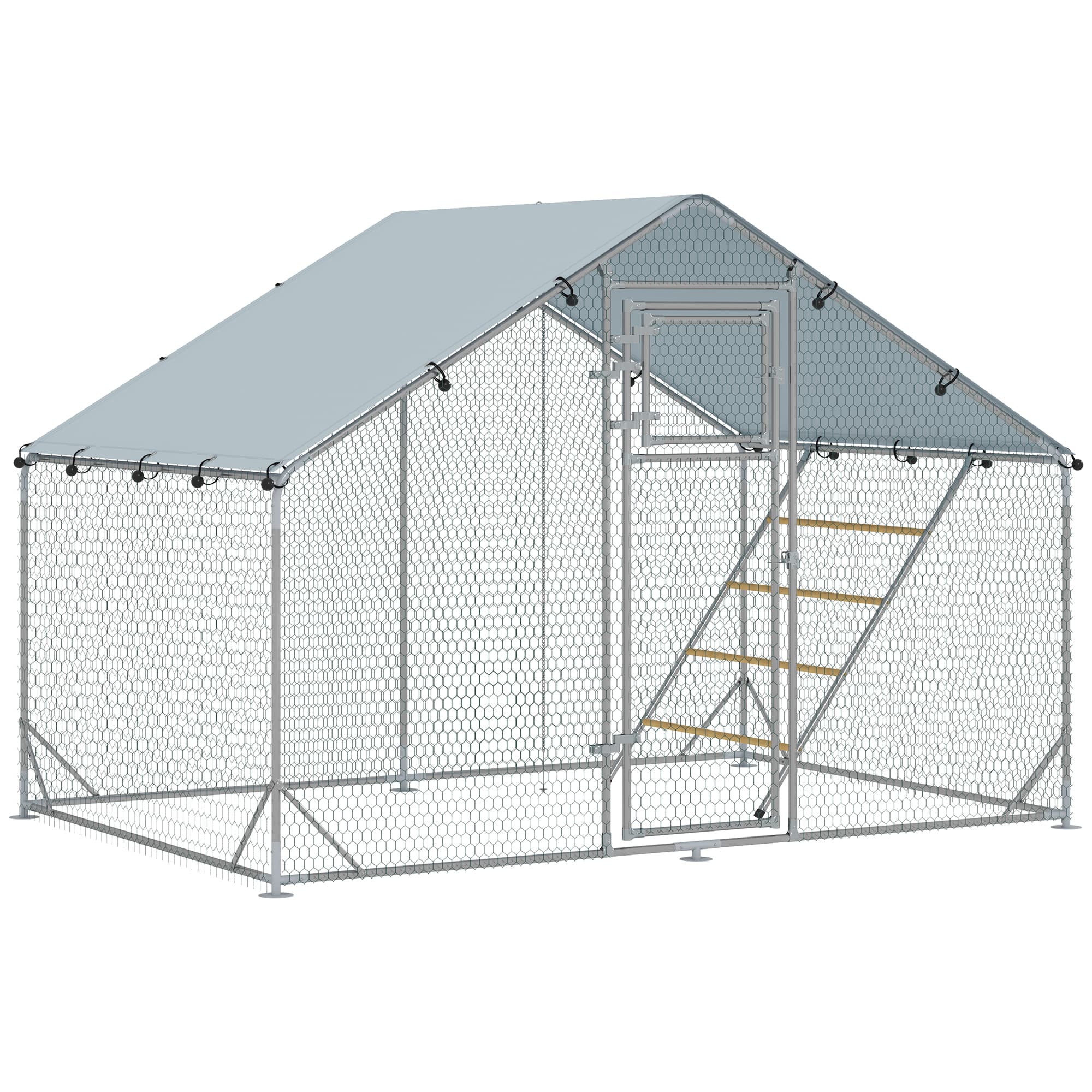 PawHut Enclos poulailler extérieur parc grillagé 6 m2 avec perchoir et mangeoire acier galvanisé Ø25mm 300x200x195cm argent