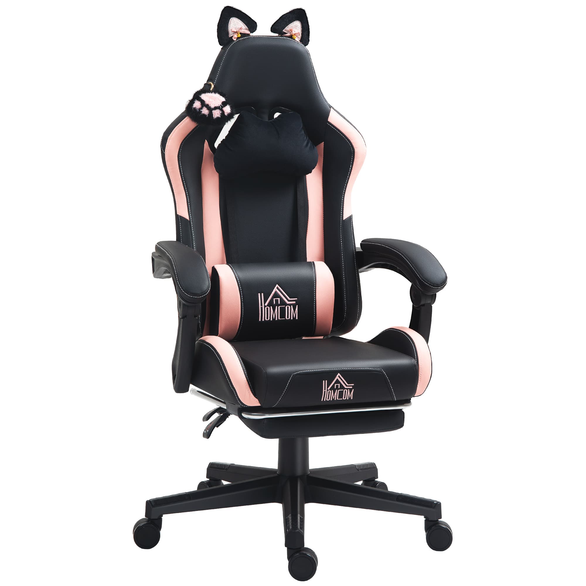 HOMCOM Chaise gaming ergonomique avec Oreilles de Chat, fauteuil gamer avec dossier inclinable, 65 x 62 x 124 cm, noir
