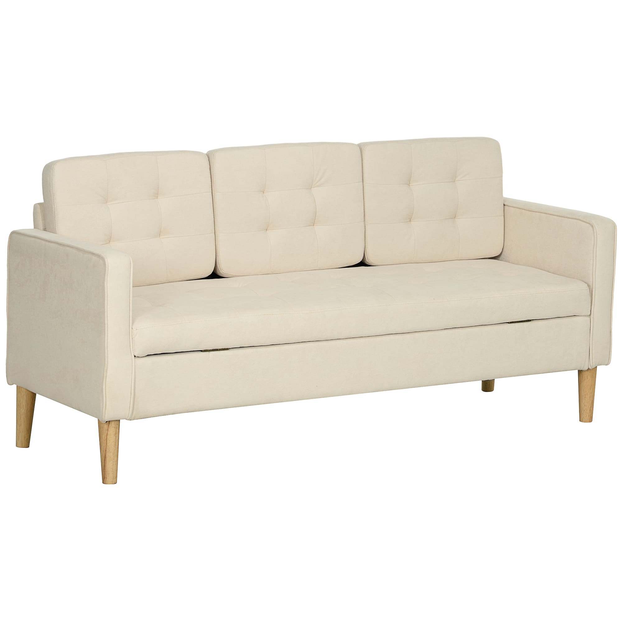 HOMCOM Canapé 3 places en flanelle de neige, canapé moderne avec rangement caché, dossier capitonné, 166,5 x 62 x 82 cm, crème