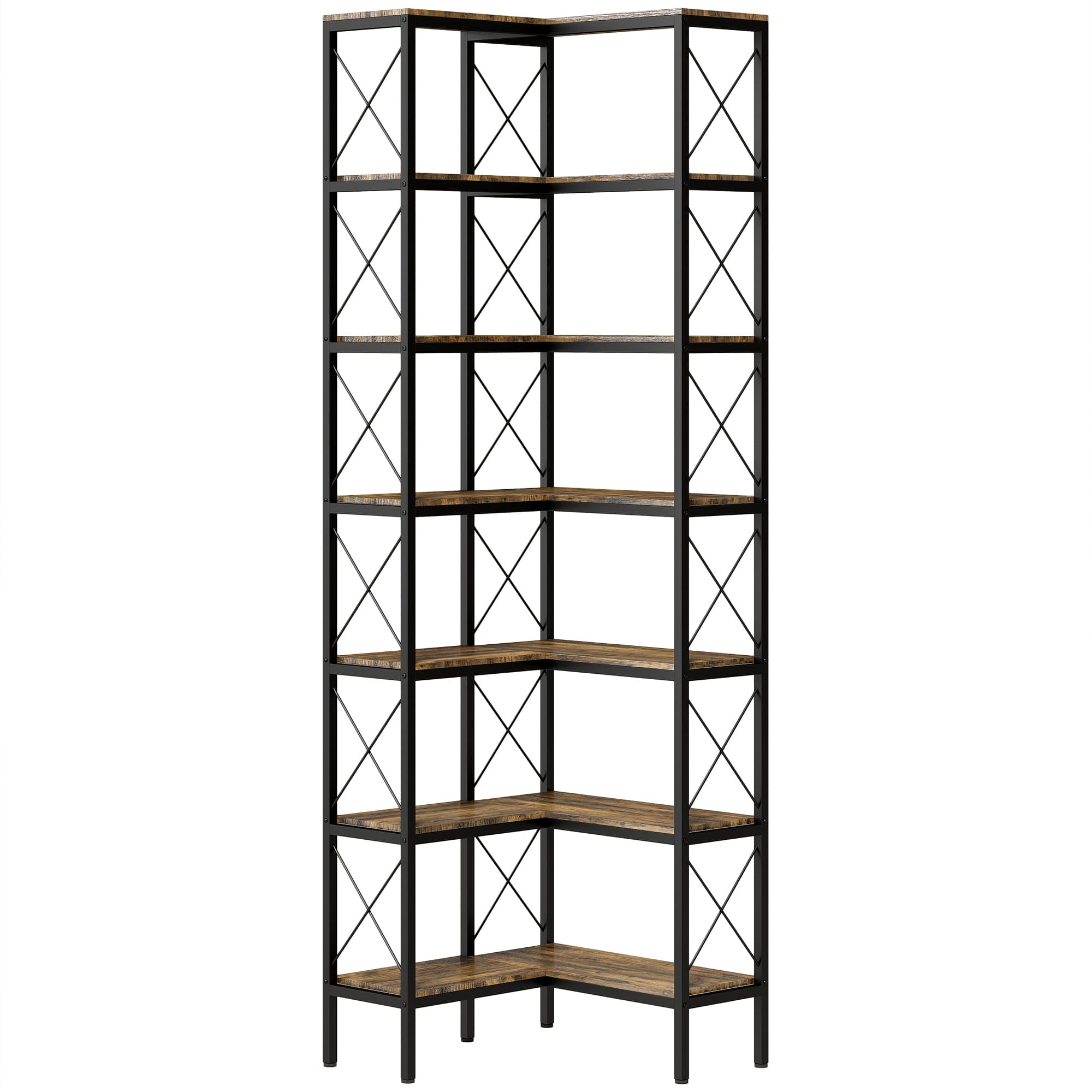 HOMCOM Bibliothèque d'angle à 6 niveaux, meuble de rangement en métal pour salon, chambre, bureau, 60x60x200cm, brun rustique
