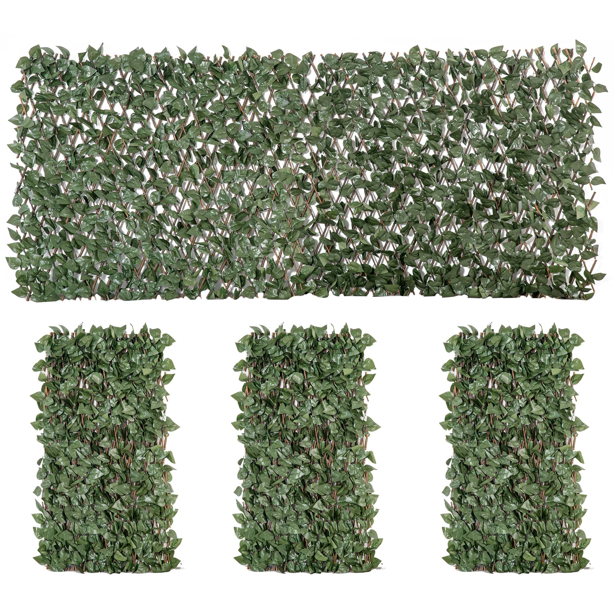 Outsunny Lot de 4 Haies Artificielles de Lierre Extensible, Feuilles Murale Brise-vue en Polyester Osier, 200 x 100 cm, Vert
