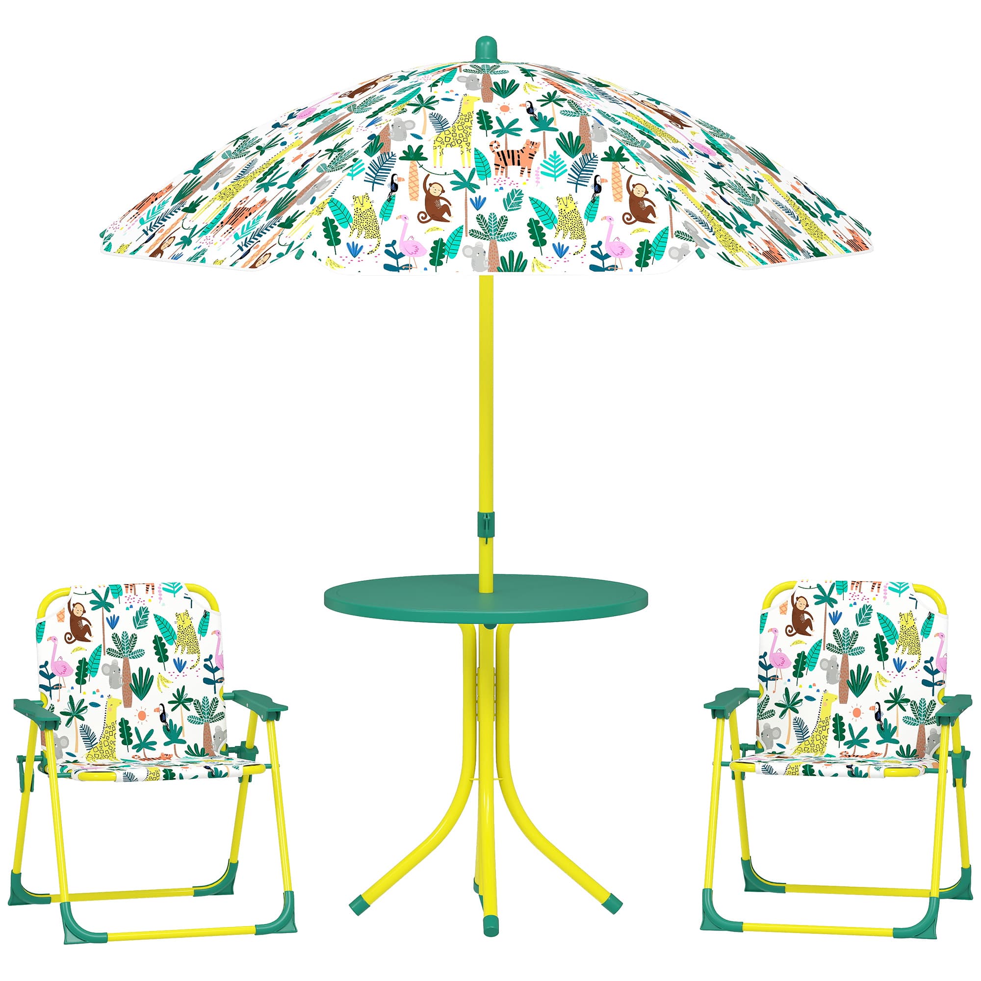 AIYAPLAY Ensemble Salon de Jardin Extérieur Enfant avec 2 Chaises Pliantes et Parasol, Thème Jungle, pour Jardin, Terrasse, Vert