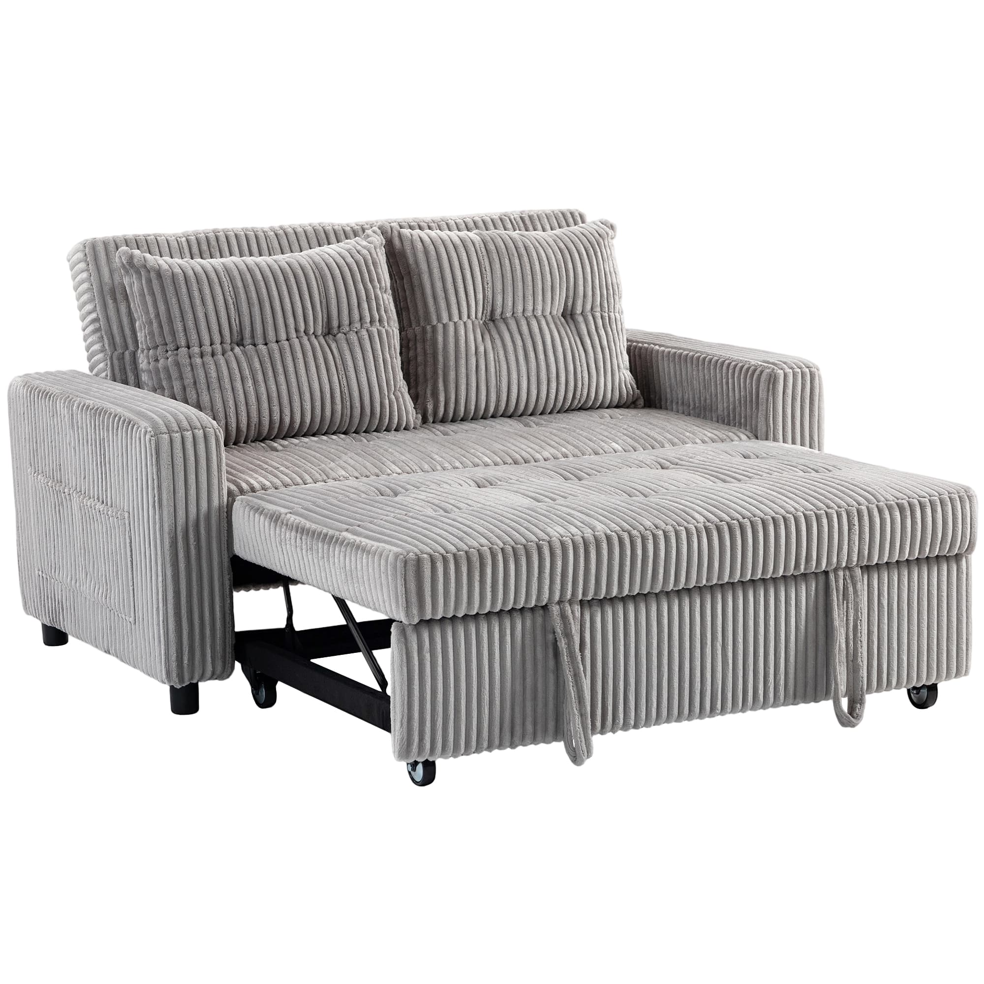 HOMCOM Canapé-lit 2 places, revêtement en velours côtelé, convertible en canapé-lit, 2 coussins, poches latérales, 157 x 190 cm, Gris clair