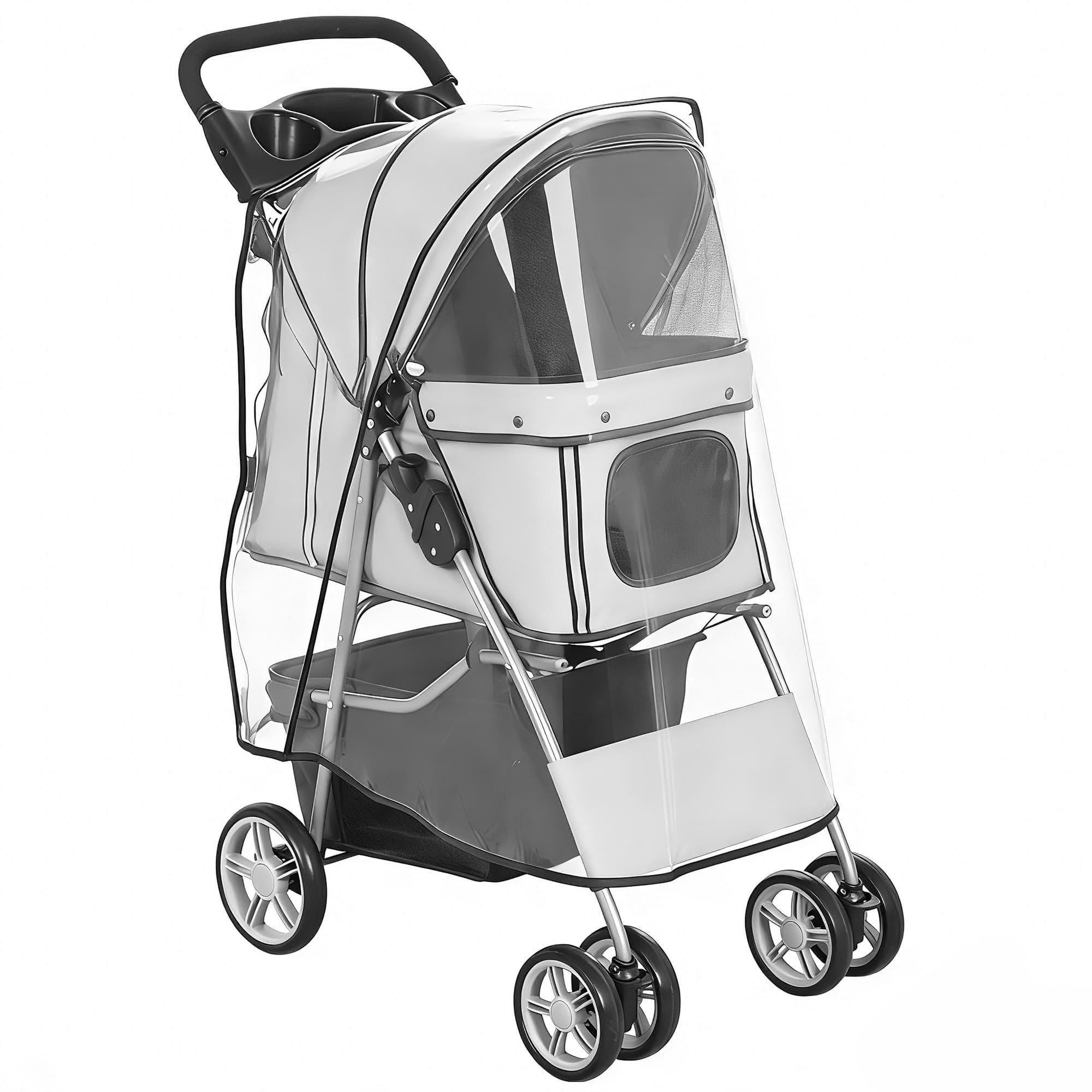PawHut Poussette buggy pliable animaux chariot pliante chien chat porte-gobelet panier de rangement 75 x 45 x 97 cm gris
