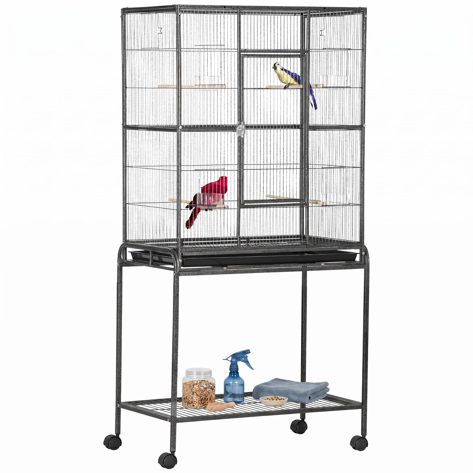 PawHut Cage Oiseaux Portable Noir Gris 4 Mangeoires 4 Perchoirs 81x48x163cm Aosom France