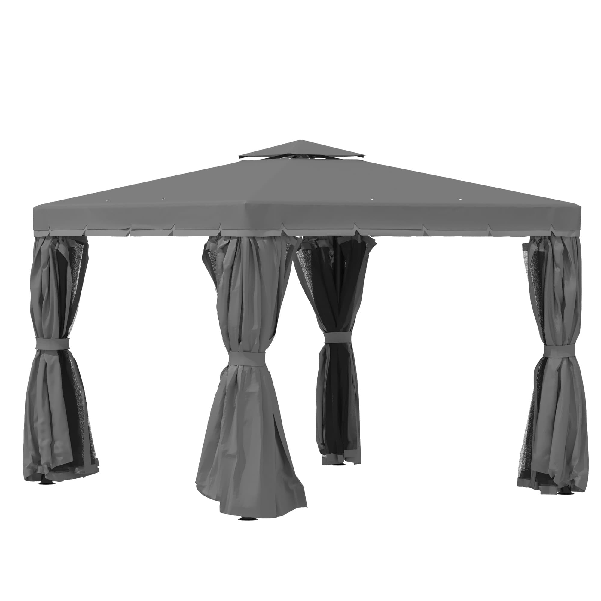 Outsunny Tonnelle de jardin extérieur 3 x 3 m, barnum avec toit double, rideaux et moustiquaire, cadre en aluminium, gris foncé
