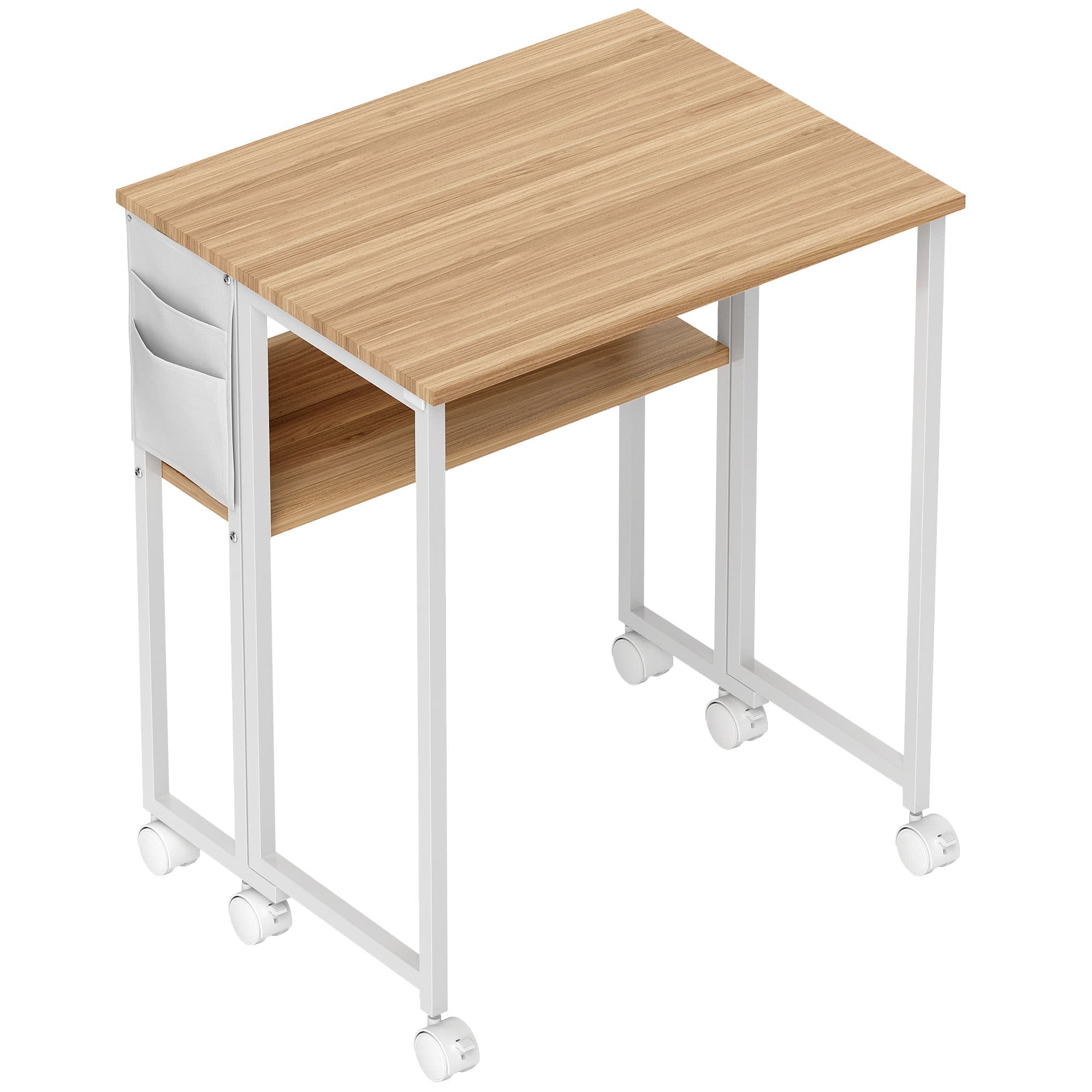 HOMCOM Bureau pliable sur roulettes 63 x 50 cm avec étagère et sac de rangement, bois naturel