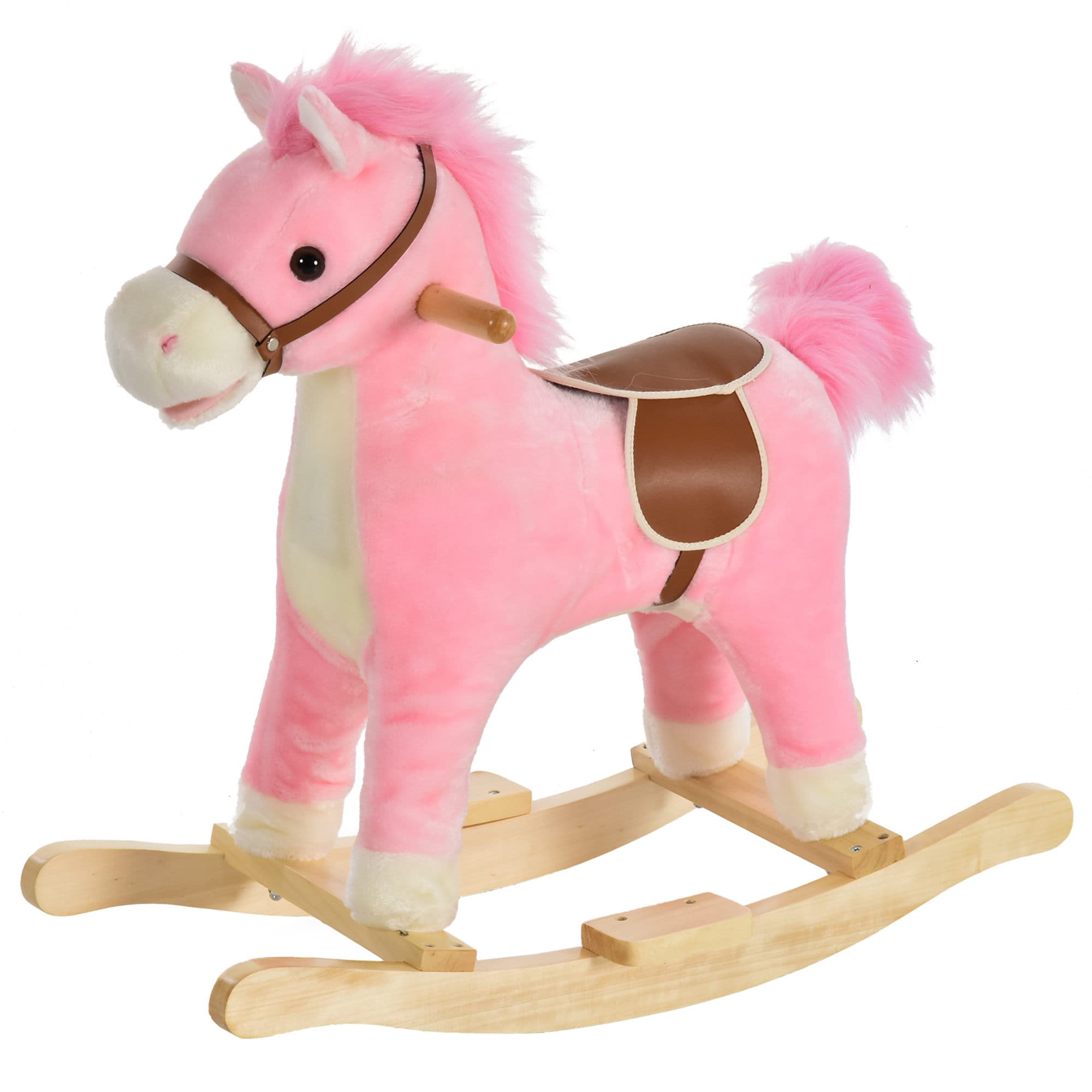 HOMCOM Cheval à bascule selle grand confort peluche courte douce bois peuplier rose dim. 65L x 32,5l x 61H cm