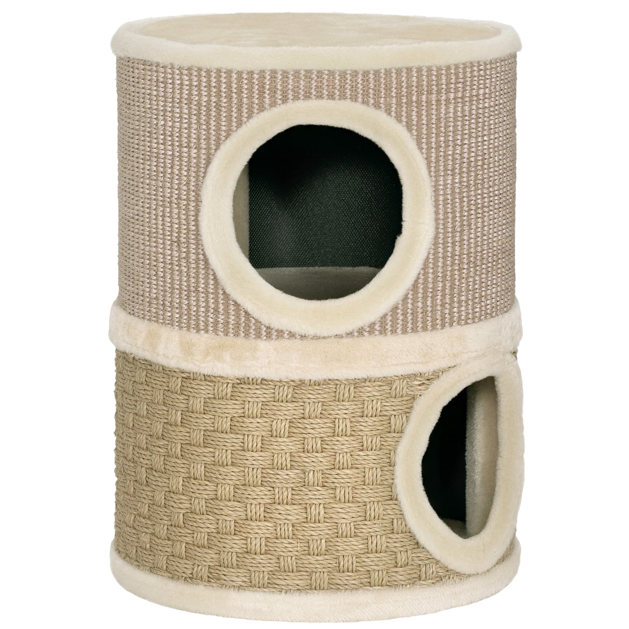 PawHut Tonneau à gratter pour chat arbre à chat sisal naturel et herbiers marins recouvert de peluche 35,5x35,5x49cm kaki café