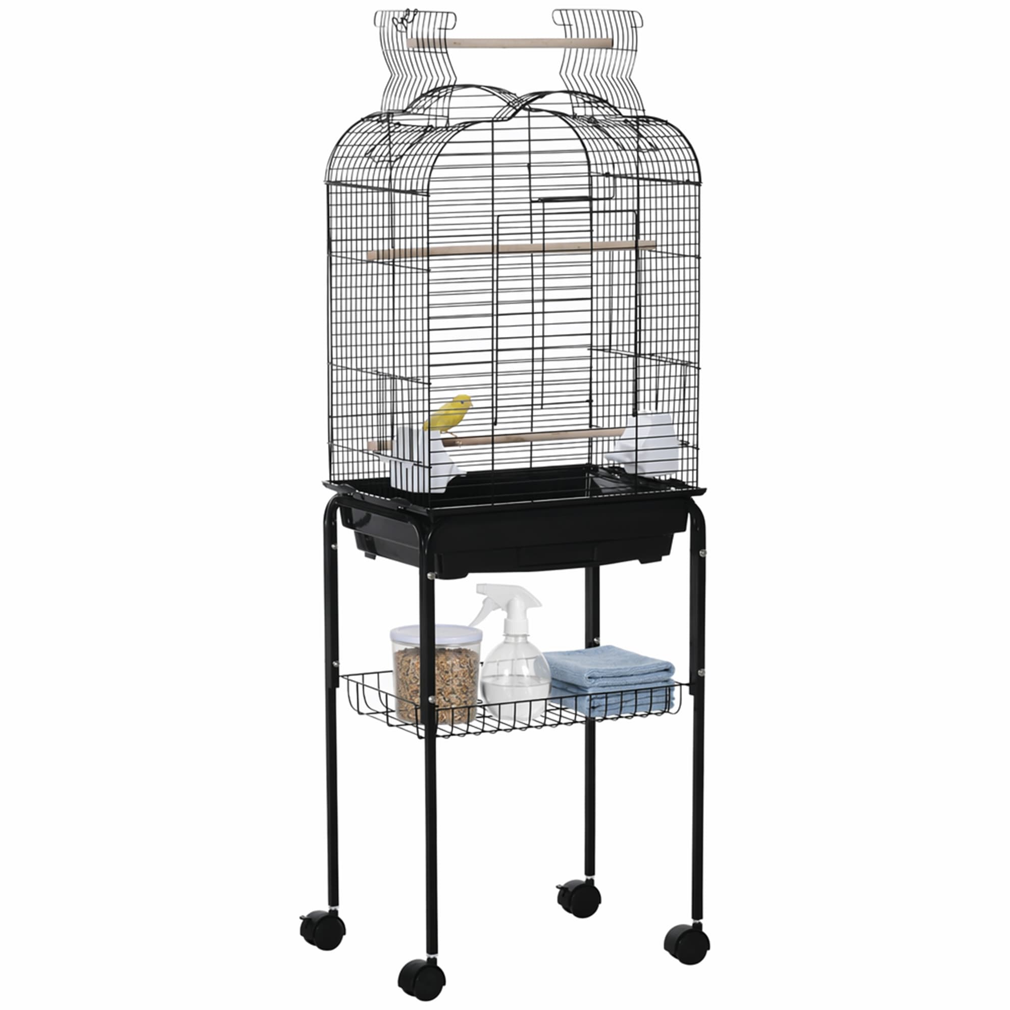 PawHut Cage à oiseaux volière pour oiseaux sur roulettes avec toit ouvrant 3 perchoirs étagère inférieure 46 x 36 x 130 cm noir-AOSOM.fr