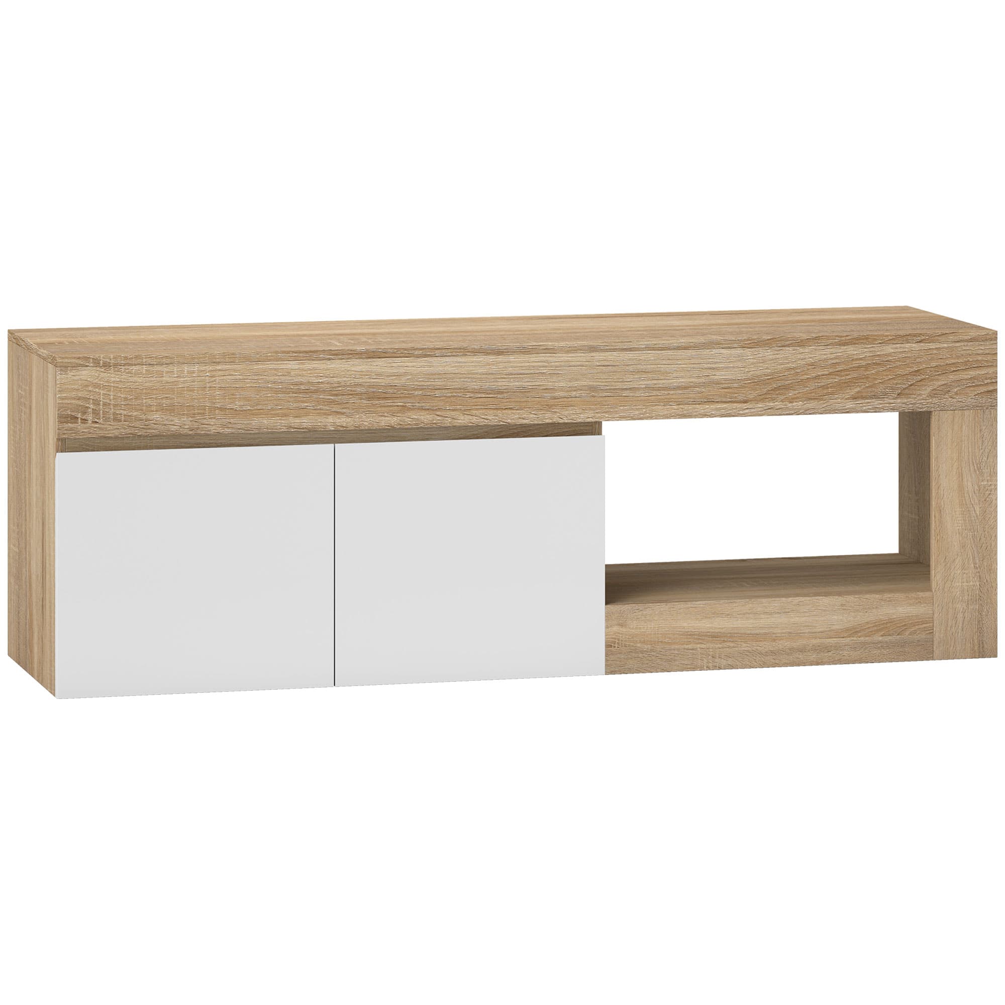 HOMCOM Meuble TV 2 portes pour téléviseurs jusqu'à 60 pouces, meuble télé avec placard et étagère ouverte, effet bois naturel