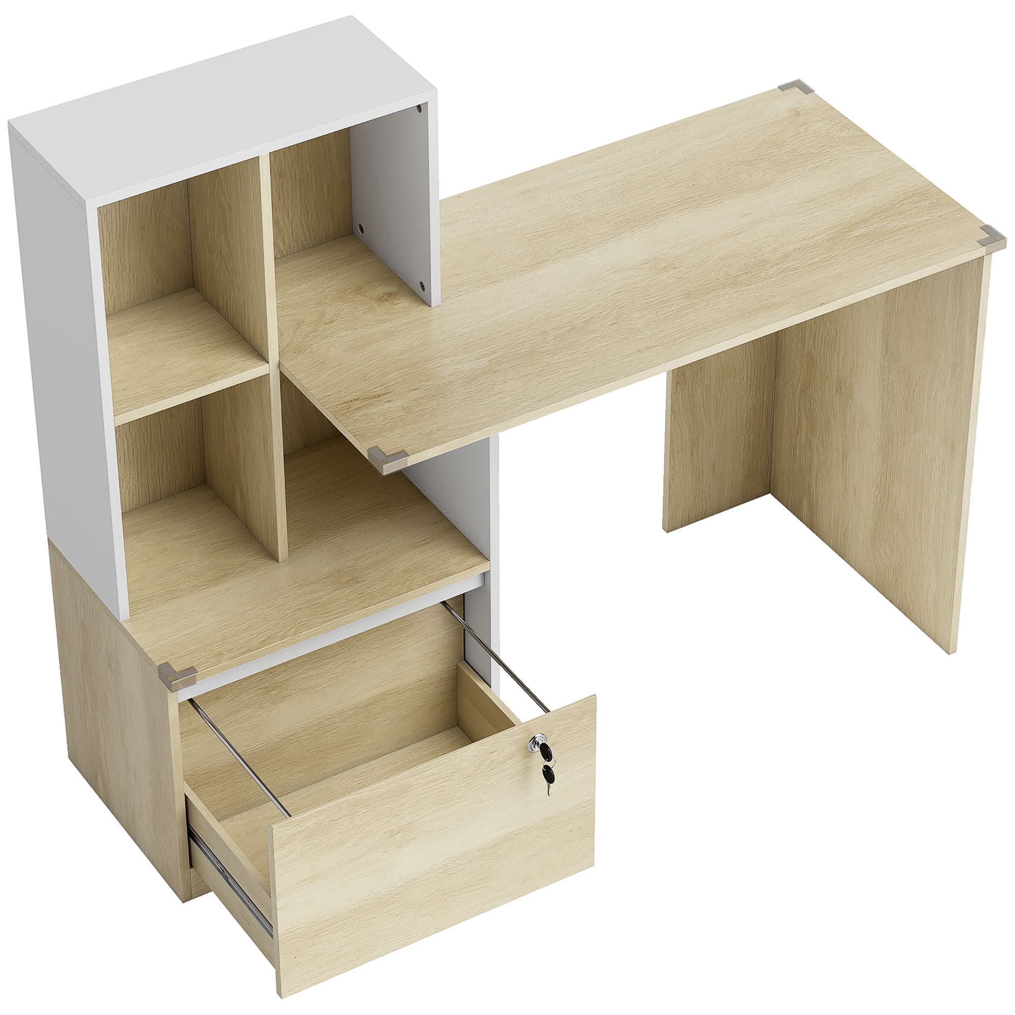 HOMCOM Bureau d'ordinateur avec bibliothèque 4 compartiments et tiroir verrouillable, 126 x 50 x 109 cm, chêne et blanc